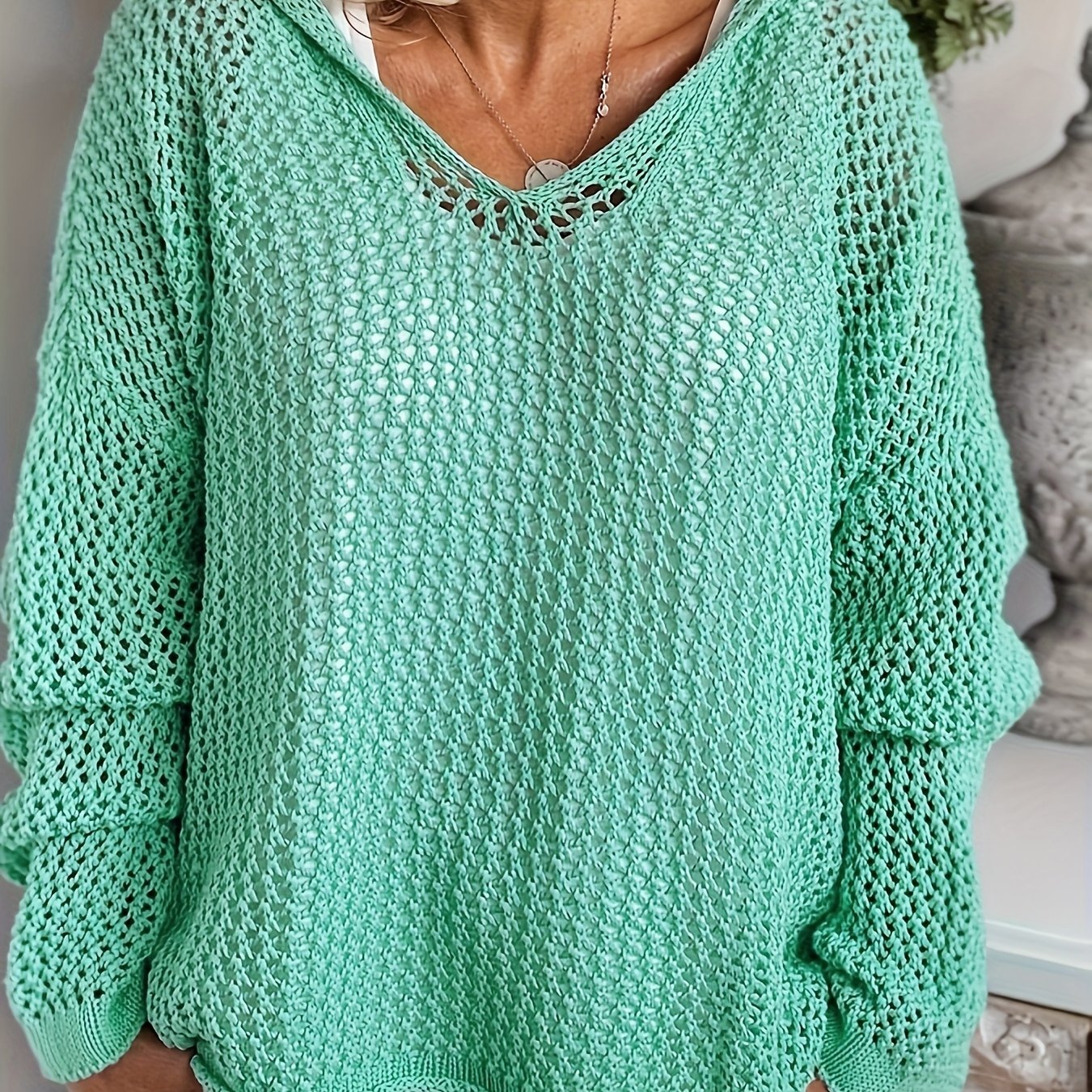 Women's Light Blue Crochet Hooded Beach Cover-Up Long Sleeve Plus Size