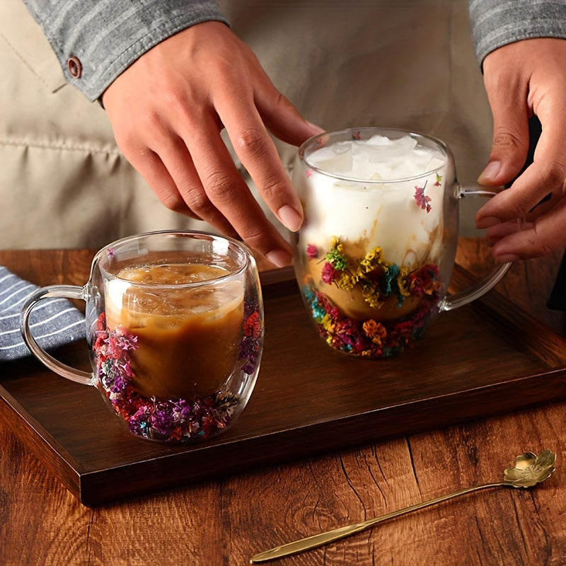 Double Layer Glass Mug with Real Flowers and Flowing Sand for Hot Drinks and Beverages