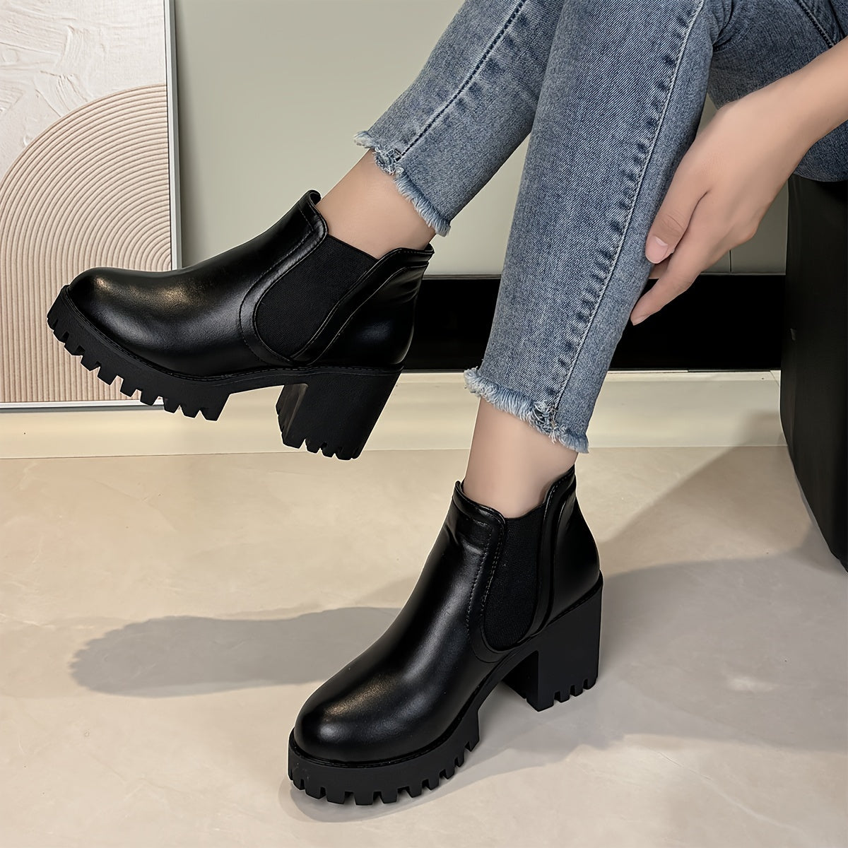 Women's Faux Cover Ankle Boots with Chunky Heel, Rubber Sole, Black