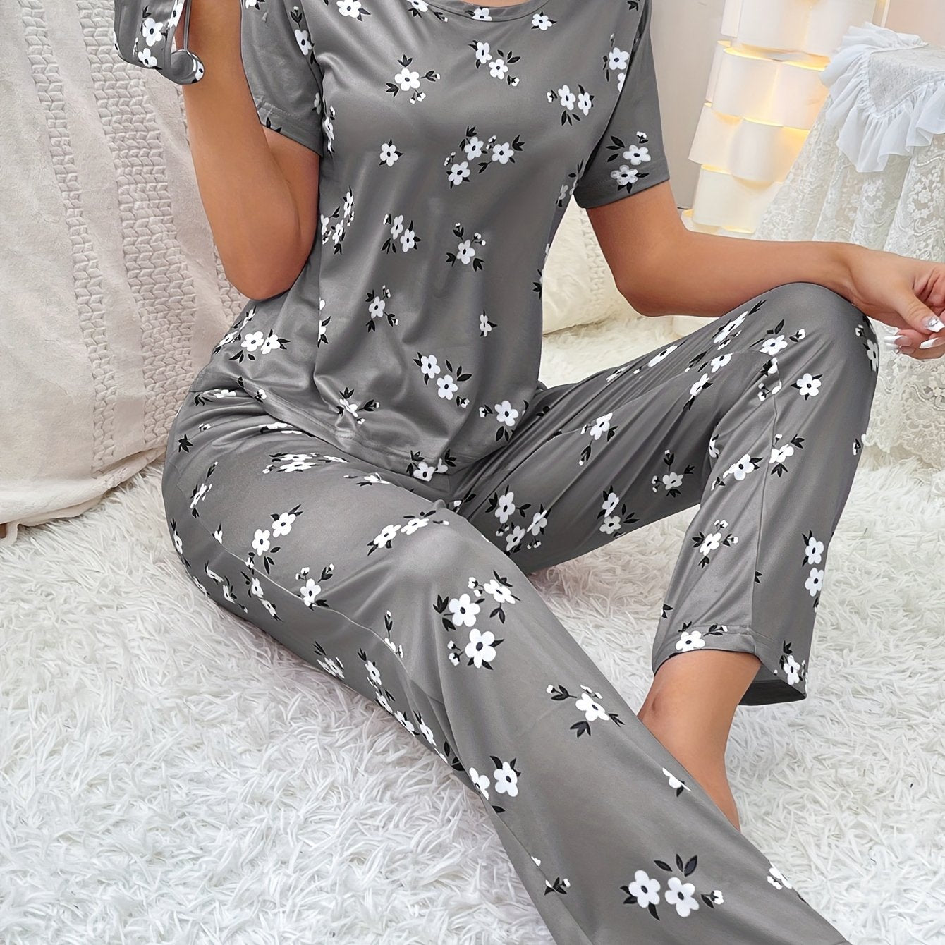 Women's Floral Pajama Set Short Sleeve Top Elastic Waist Pants Spring Summer