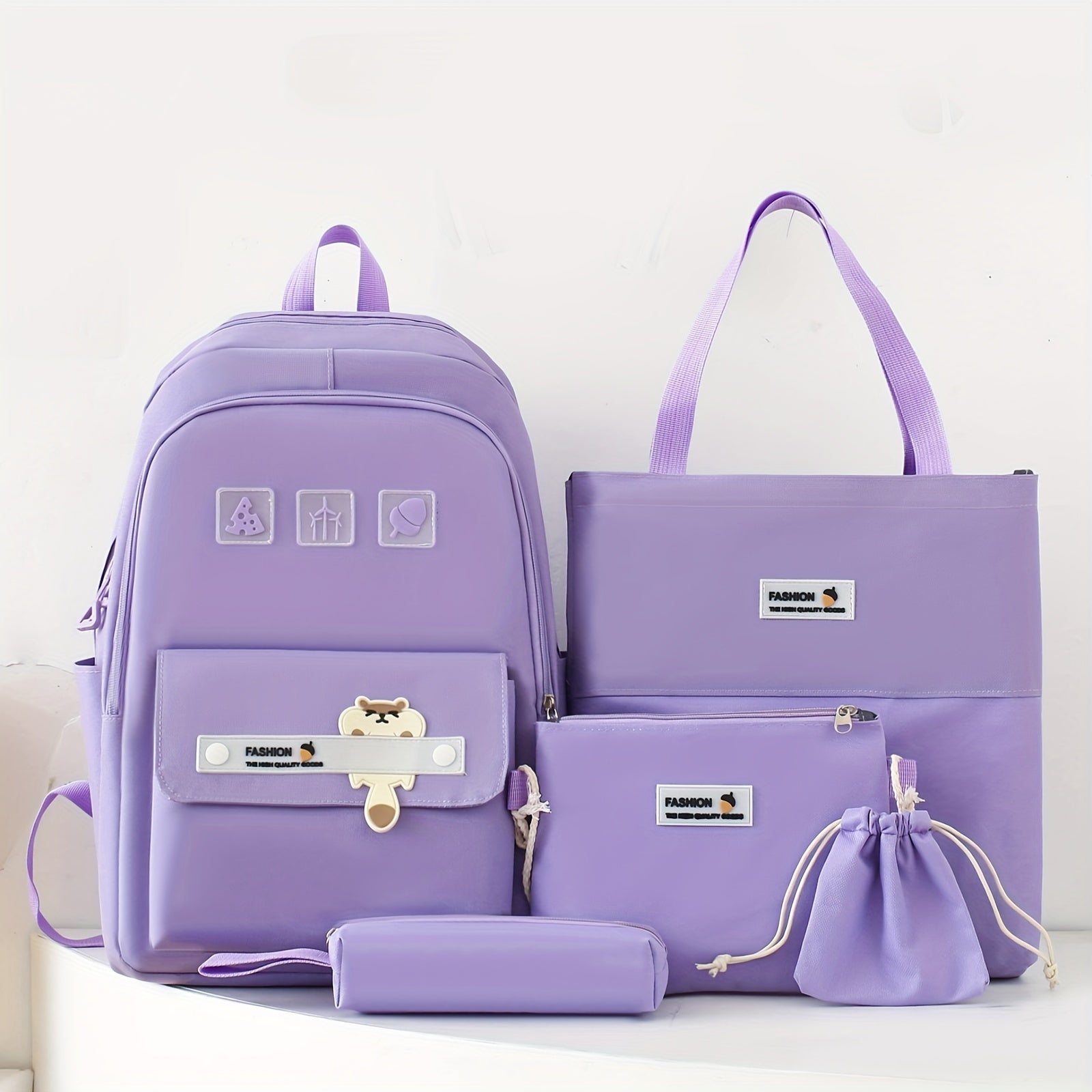 5-ta qismli multfilm maktab sumkasi to'plami, tote sumka, crossbody ruchka qutisi va chizilgan sumkasi bilan