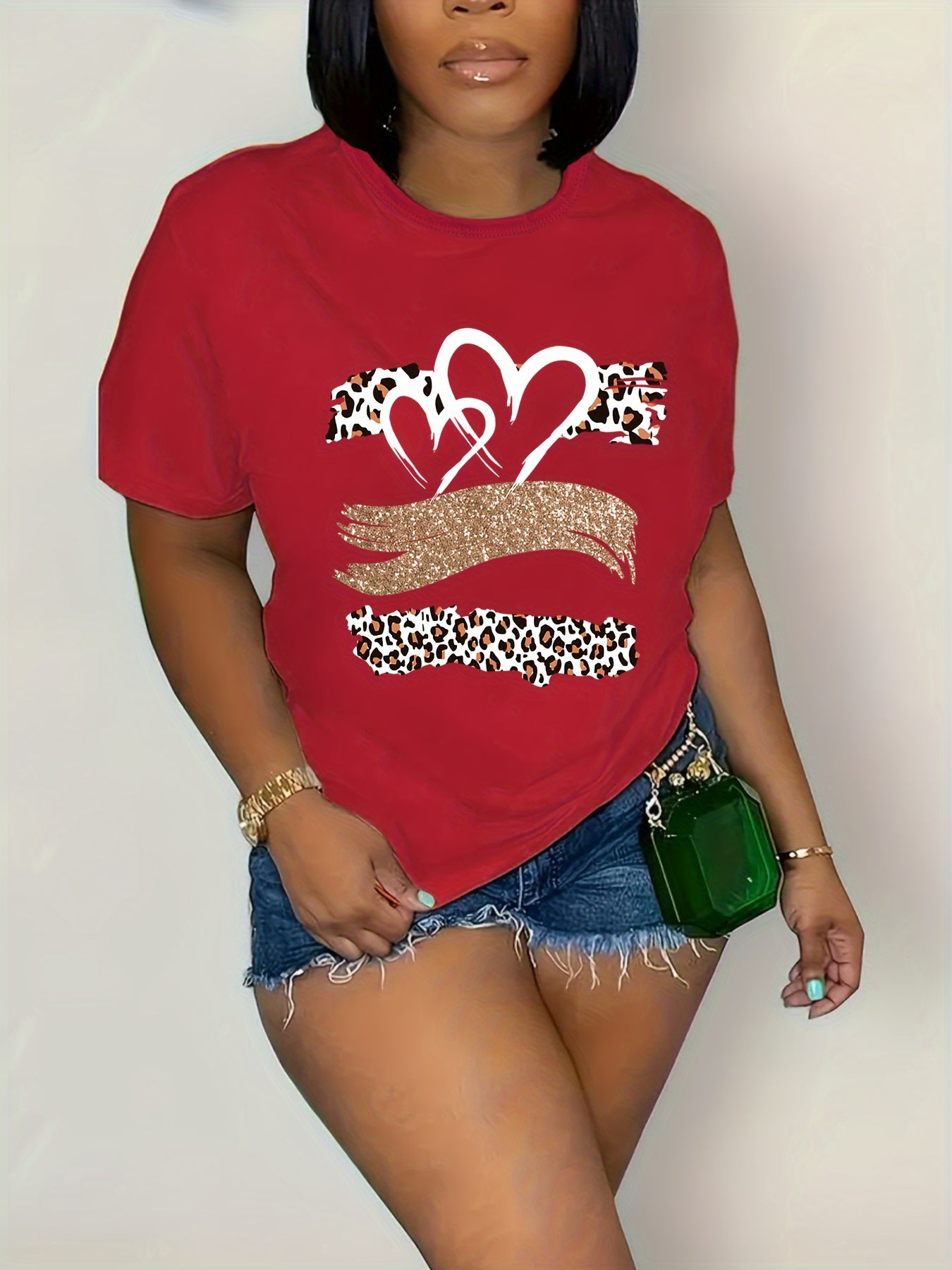 Plus Size Women's Short Sleeve T-Shirt Vibrant Yellow Leopard Print Glitter Heart
