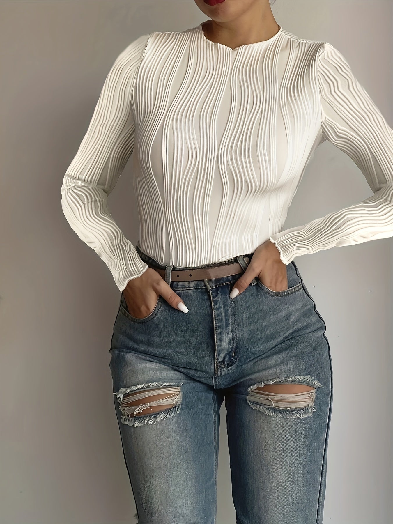 Women's Textured Frill Neck Long Sleeve T-Shirt for Spring Fall