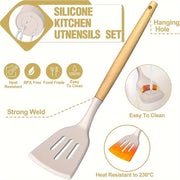 44-Piece Wooden Handle Silicone Non-Stick Cookware Set with Spatula Spoon Grater Bottle Opener