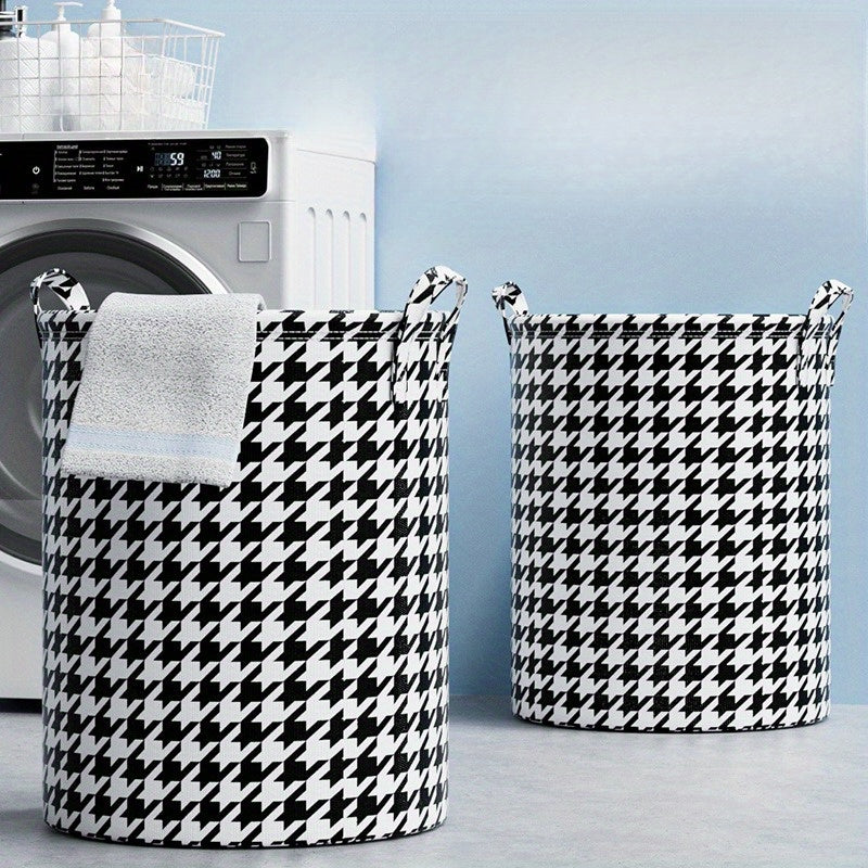 Foldable Laundry Hamper in Houndstooth Pattern Non-Woven Fabric for Clothes and Toys