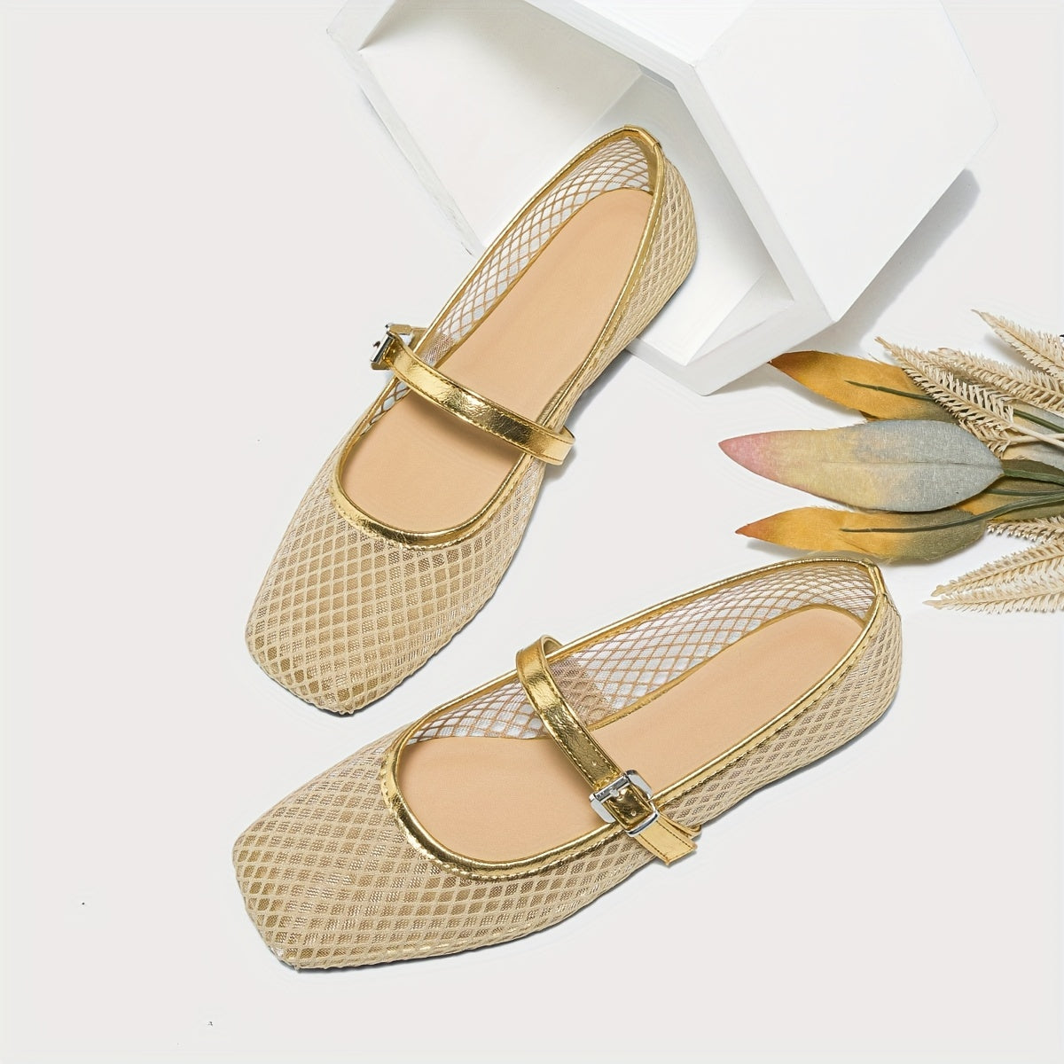 Women's Mesh Ballet Flats Square Toe Breathable Fabric Casual Slip-On Summer