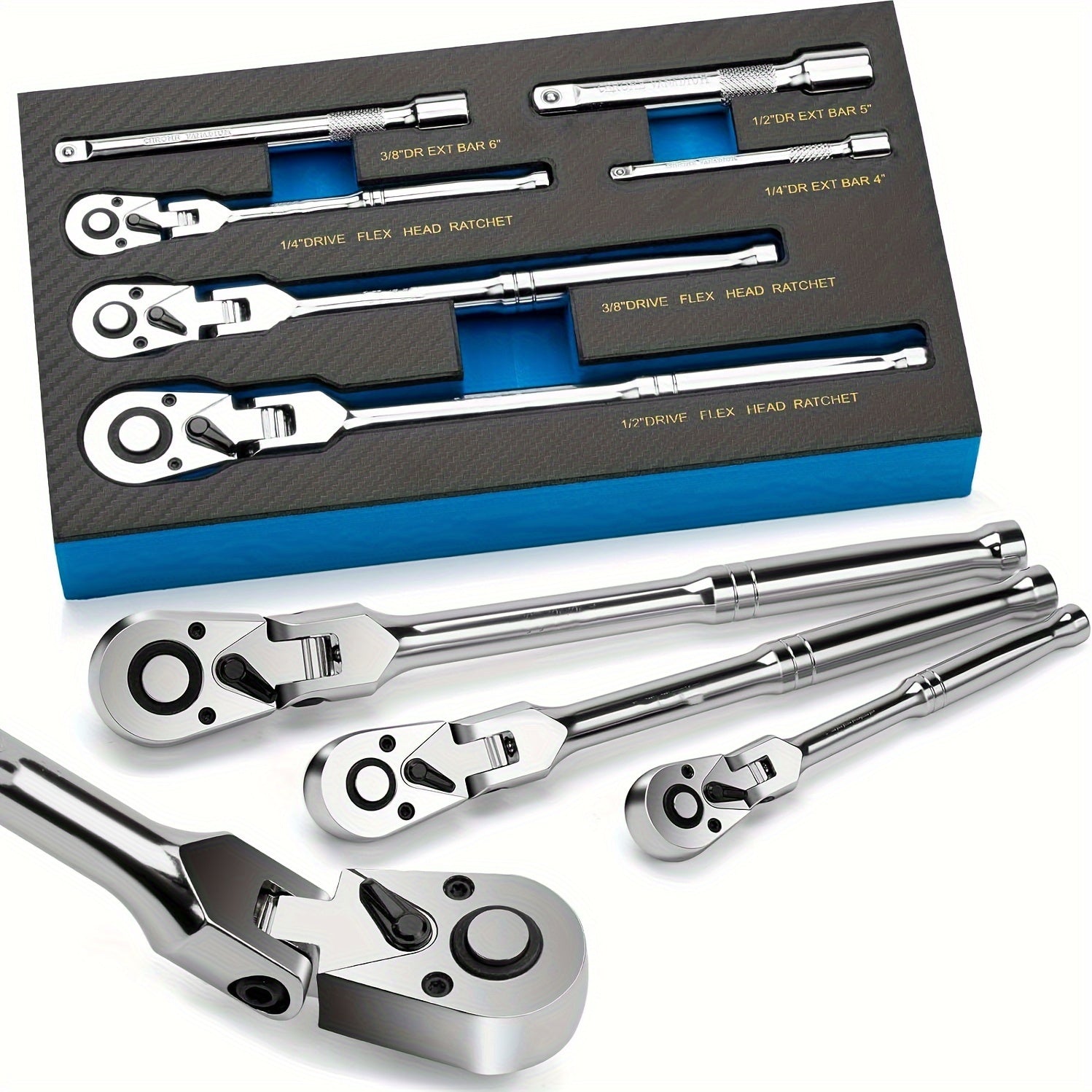 6-Piece Chrome Vanadium Flex-Head Ratchet Set With Extension Bars