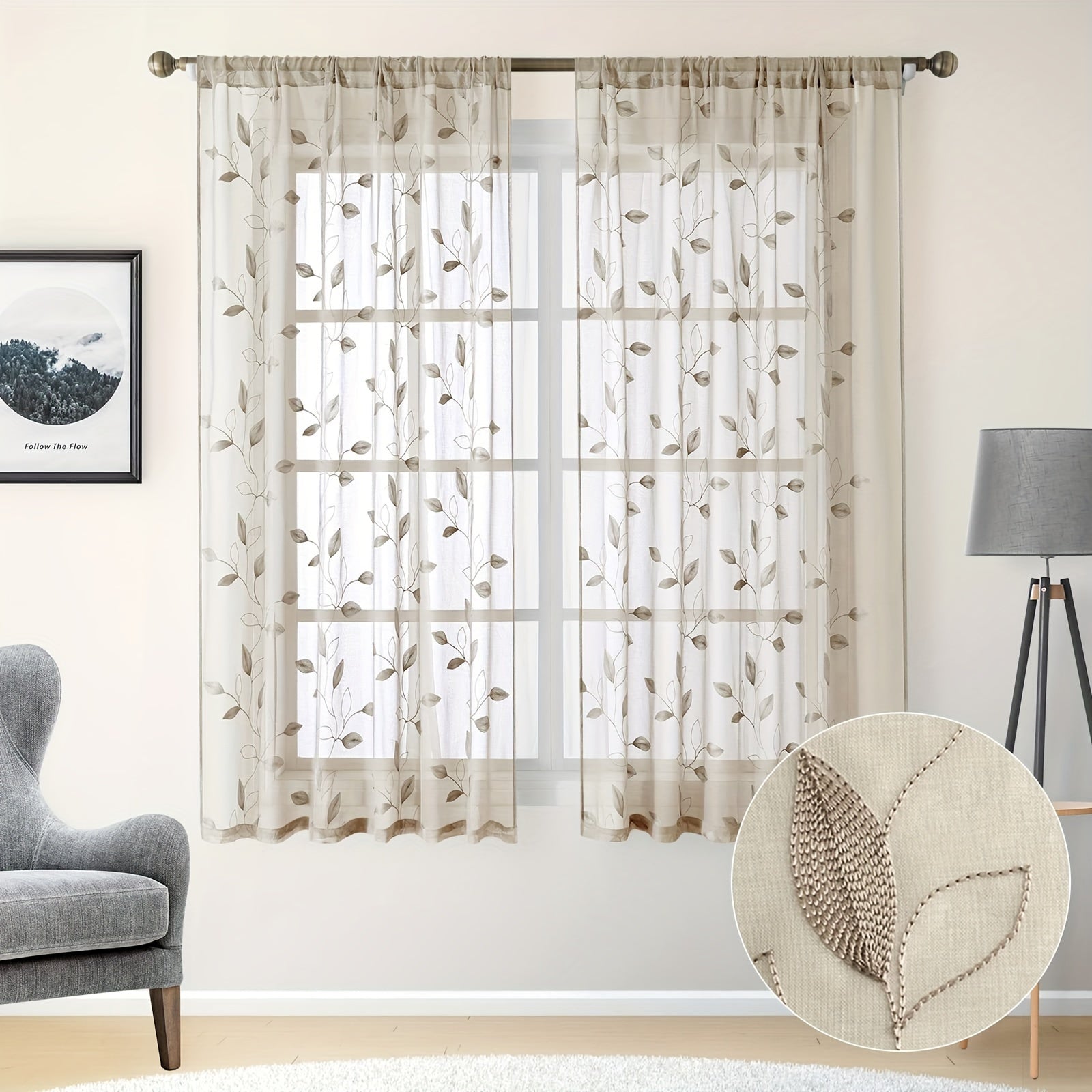 Two Pieces Sheer Curtains with Embroidered Leaf Pattern, Rod Pocket, Polyester, for Bedroom Living Room Kitchen