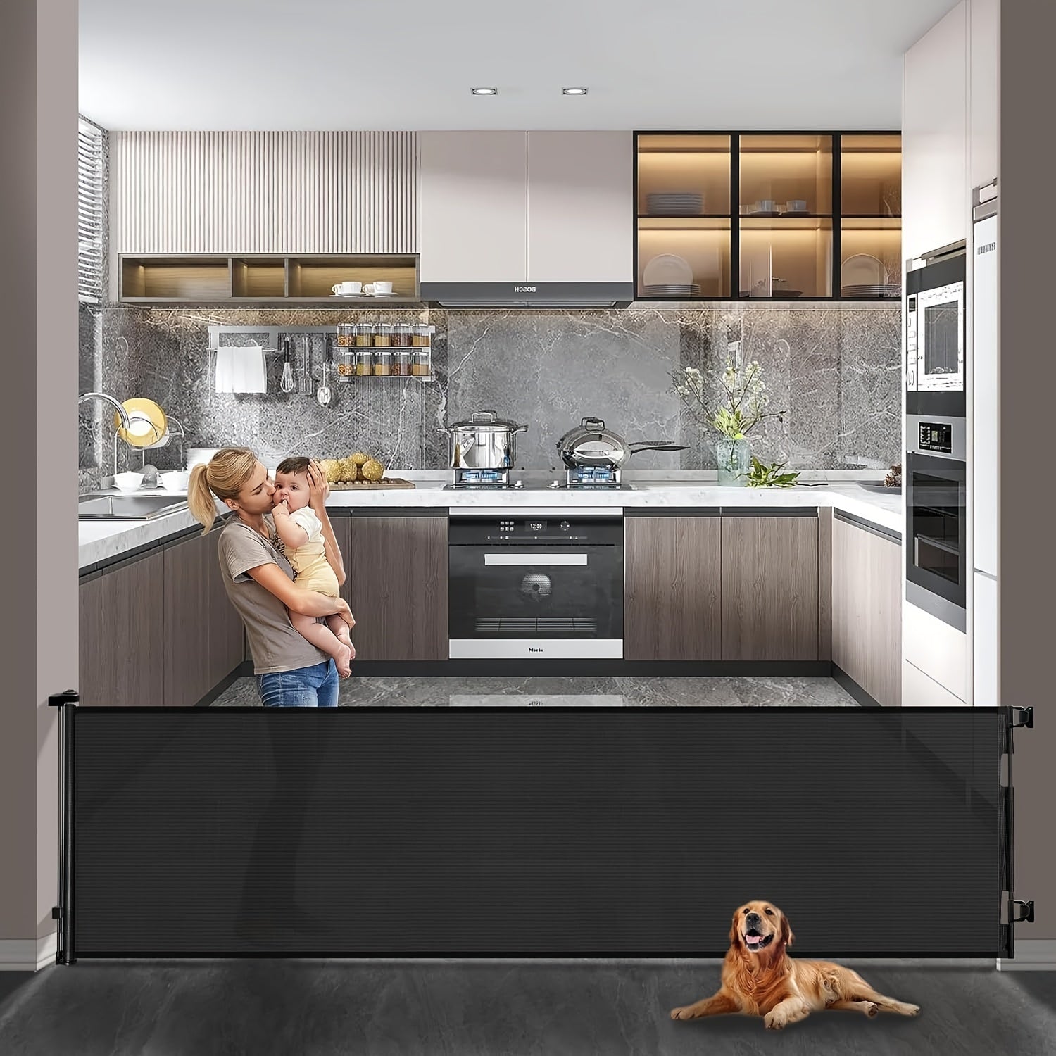 Baby Safety Gate Retractable Mesh Adjustable Height 83.82cm to 104.14cm for Doorways Stairs Hallways Indoor Outdoor