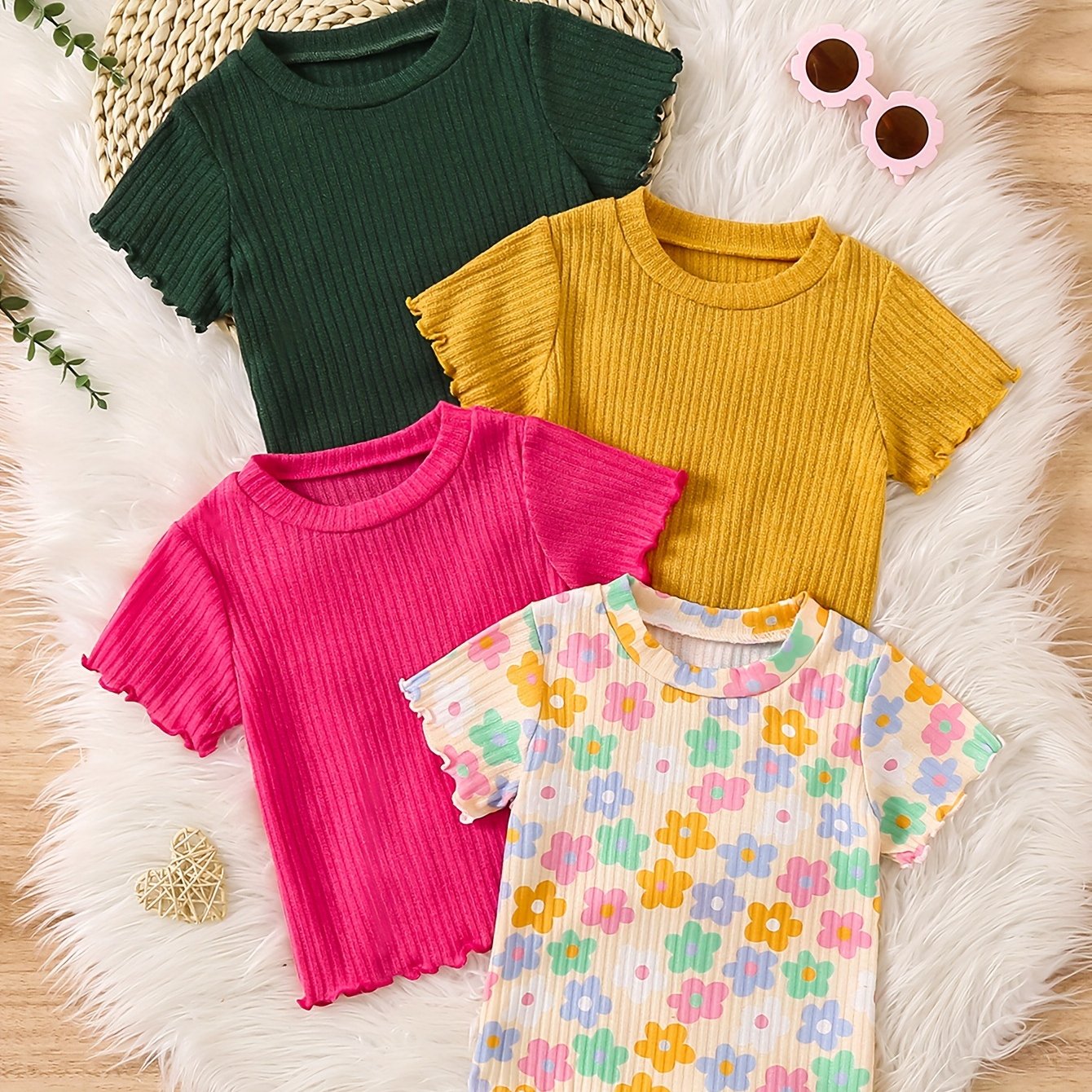 Детские летние футболки с коротким рукавом из рибаны однотонные, упаковка из 4