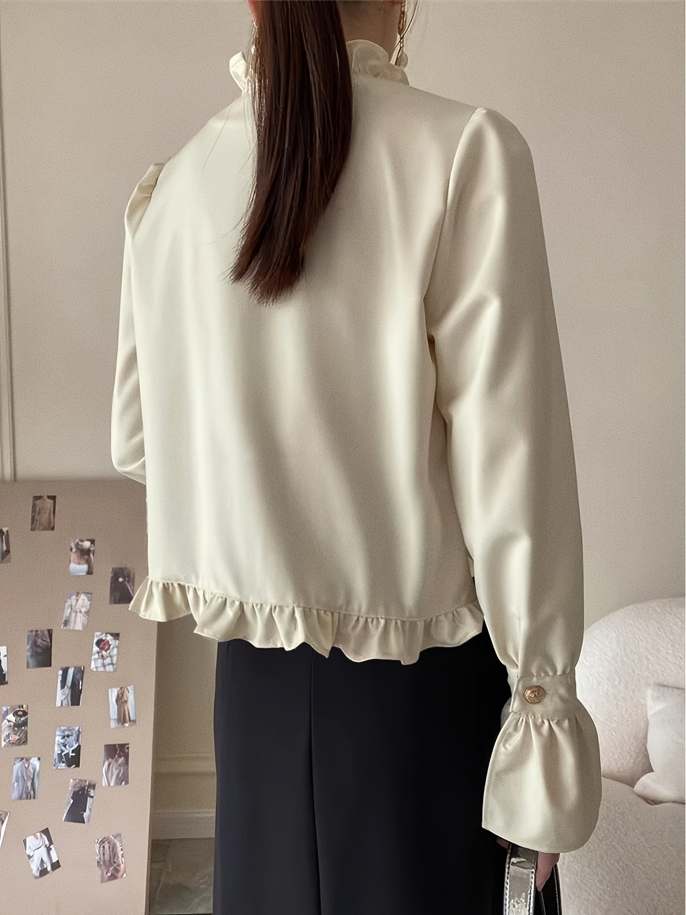 Women's Cream Ruffle Trim Blouse with Stand Collar Polyester Elegant Top