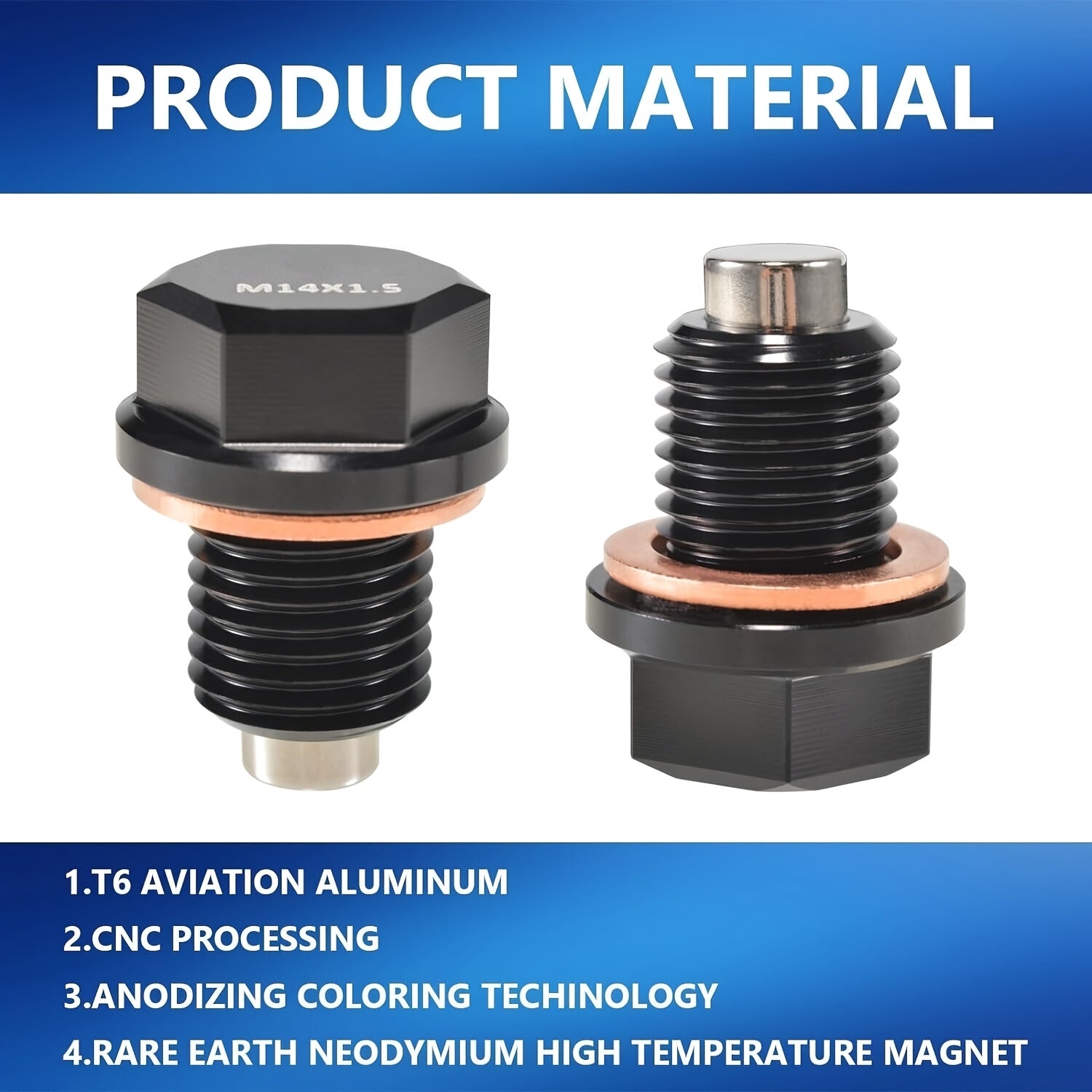 Aluminum Magnetic Oil Drain Plug 1/2 Inch M14x1.5 with Copper Gasket Seal