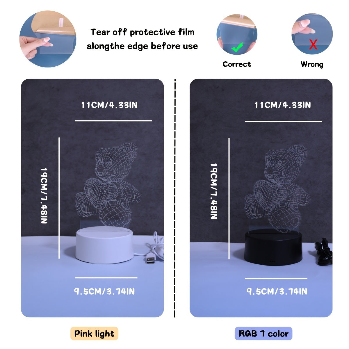 Lámpara de noche 3D con oso de peluche, USB, control táctil, LED de 7 colores para dormitorio, hogar y oficina