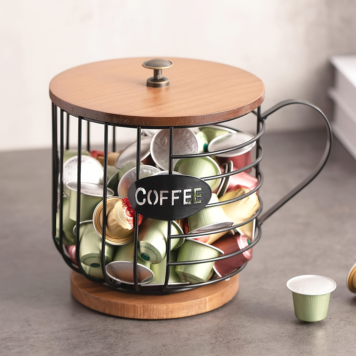 Large Capacity Coffee Pod Holder Wooden Base Metal Wire Basket for Espresso Capsules