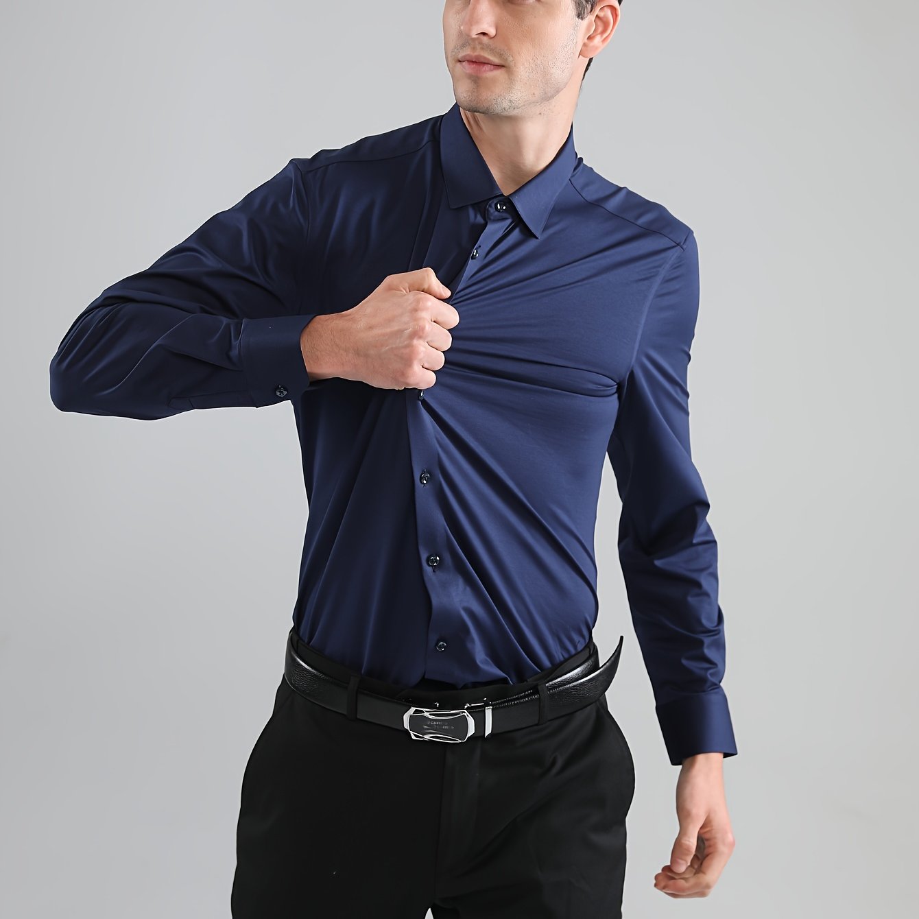 Men's Solid Color Long Sleeve Dress Shirt Stretch Polyester Business Casual Button-Up Collared