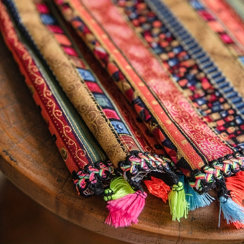 Cortina de estilo bohemio de granja con rayas rojas y borlas para dormitorio, sala de estar y decoración del hogar