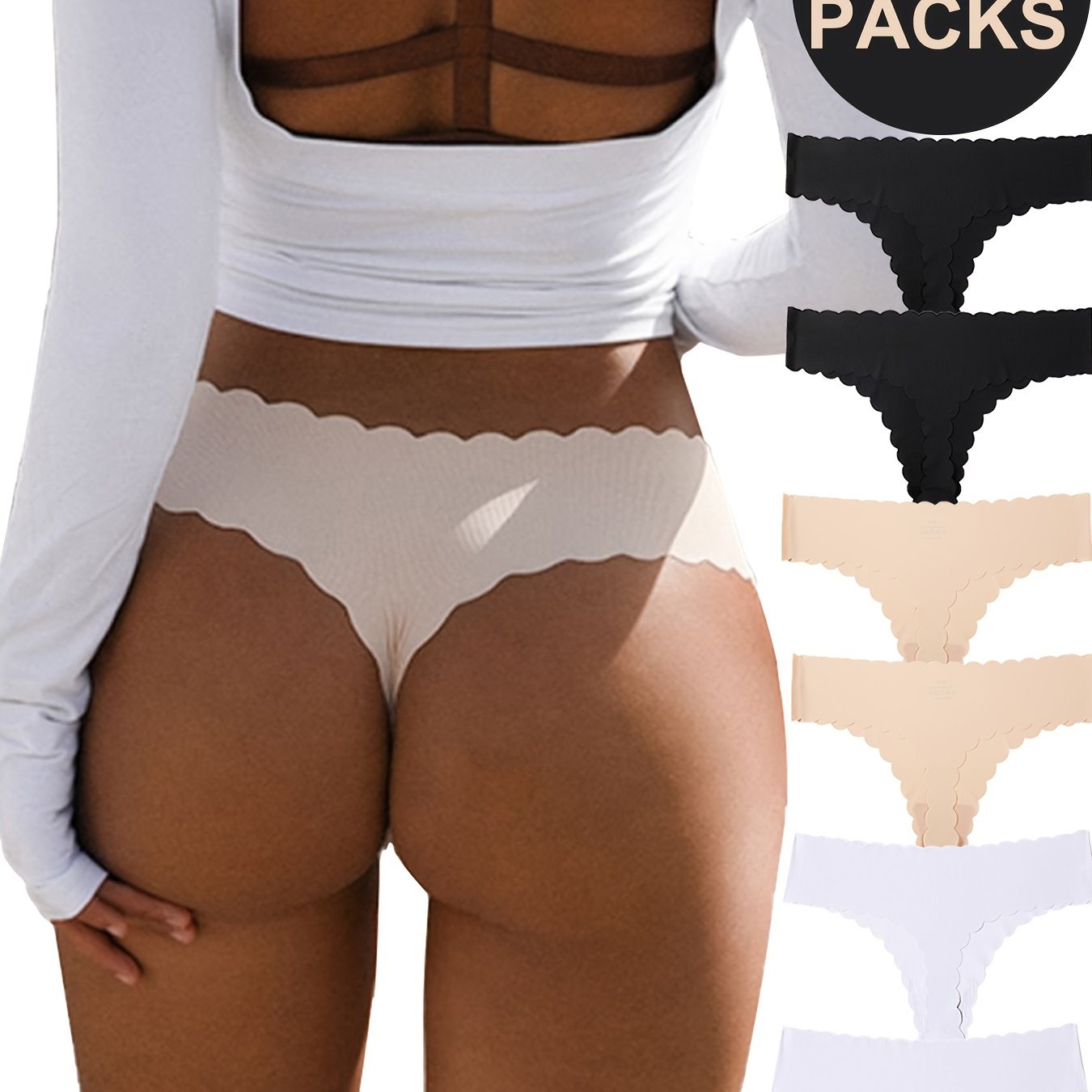Seamless Scallop Trim Thongs for Women 6 Pack Soft Stretchy Solid Color