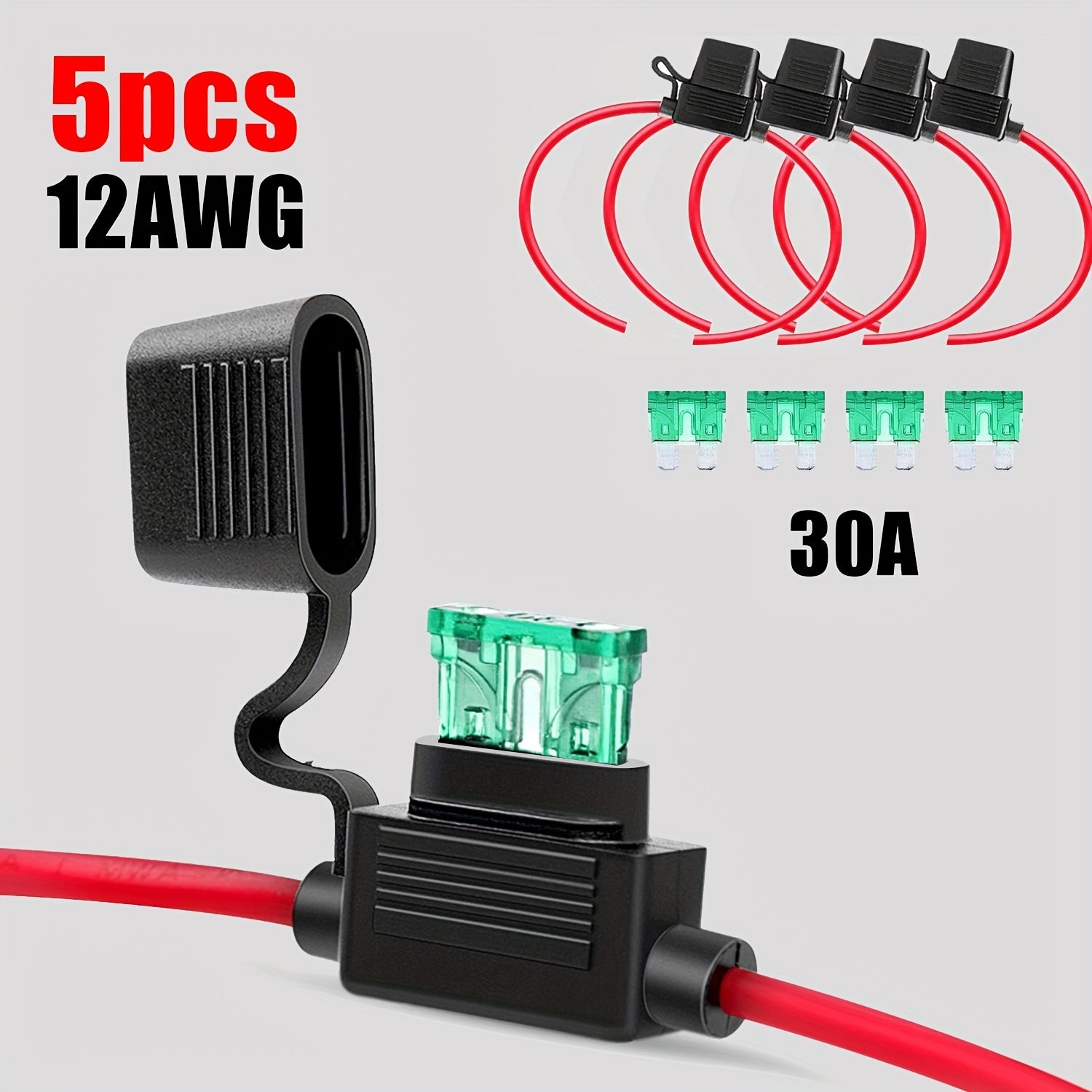 5 Sets In-Line Fuse Holders 12AWG Wiring Harness 30A Blade Automotive
