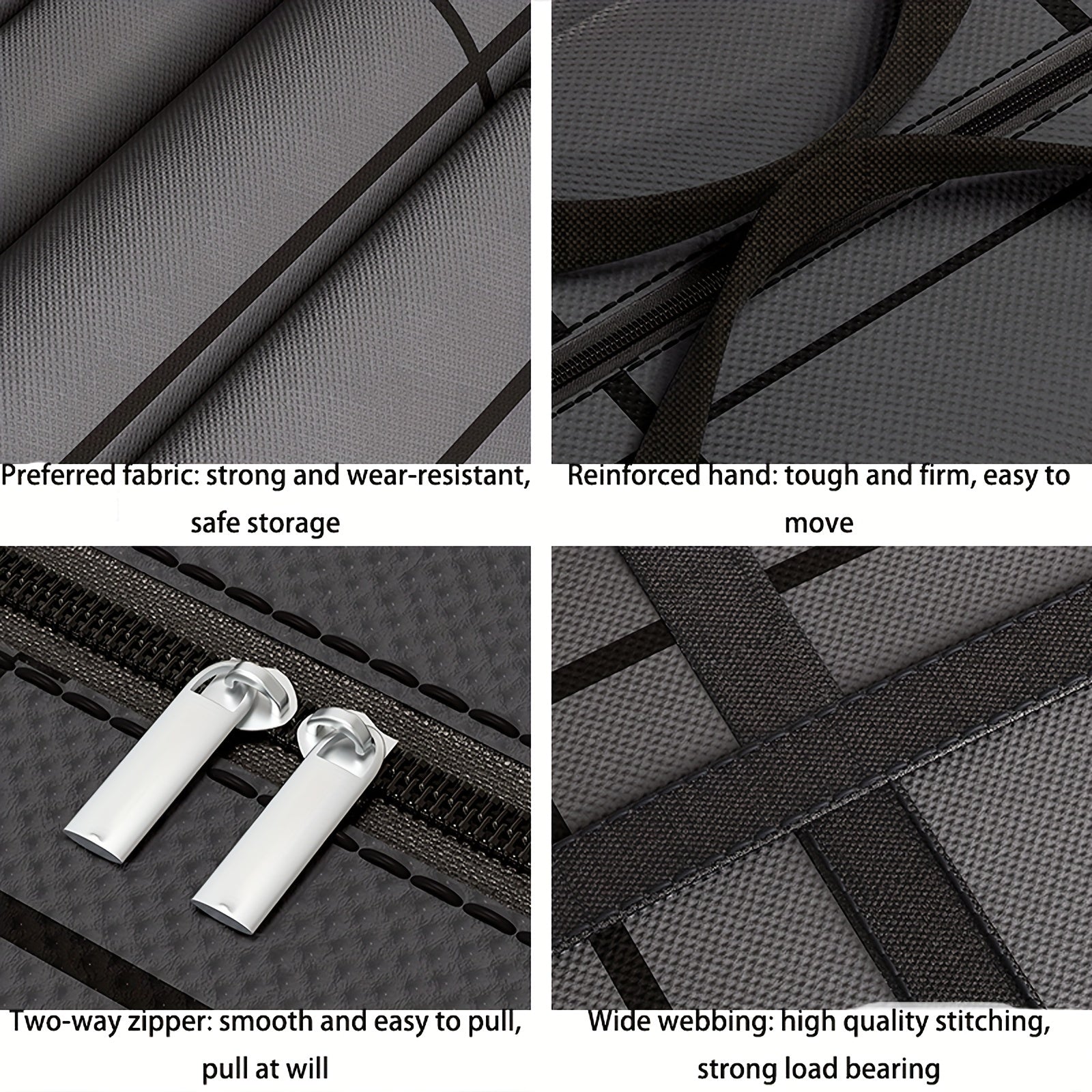 Katta harakatlanuvchi sumkalar, oson transport uchun ziplar va tutqichlar bilan, og'ir yuklarni saqlash uchun bardoshli no'vovon material, yotoqxona, uy, shkaf, kiyimlar va sayohat aksessuarlarini samarali tashkil etish va joyni tejash uchun ideal.