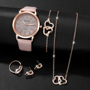 Women’s Fashion Watch Set with Faux Leather Band and Grey Round Case