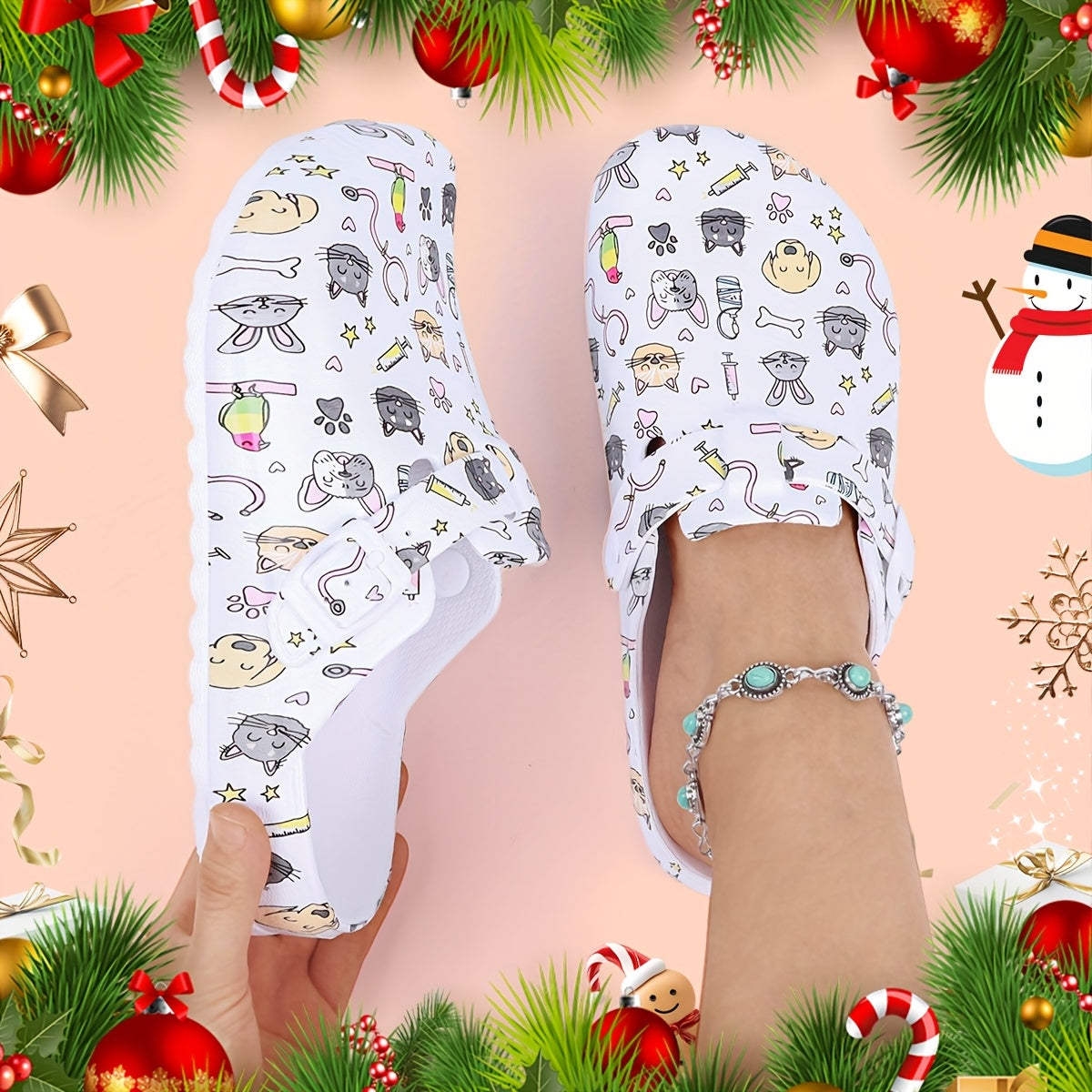 Women's Floral Pattern EVA Slip-On Mule Slippers with Adjustable Buckle