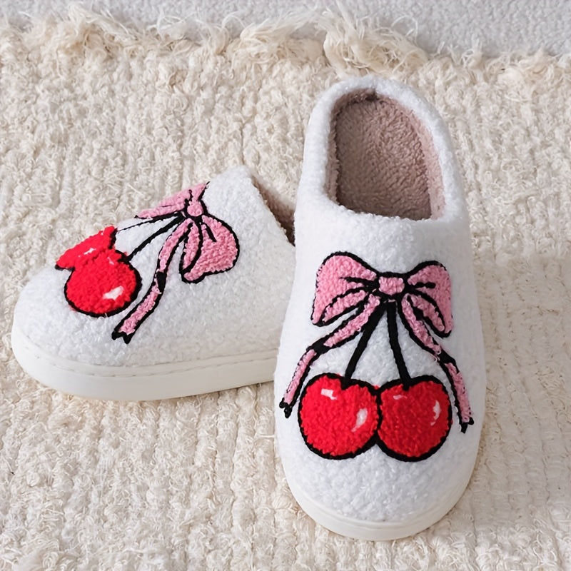 Unisex Plush Fluffy Slippers With Cherry Bowknot Pattern Indoor Fuzzy Shoes