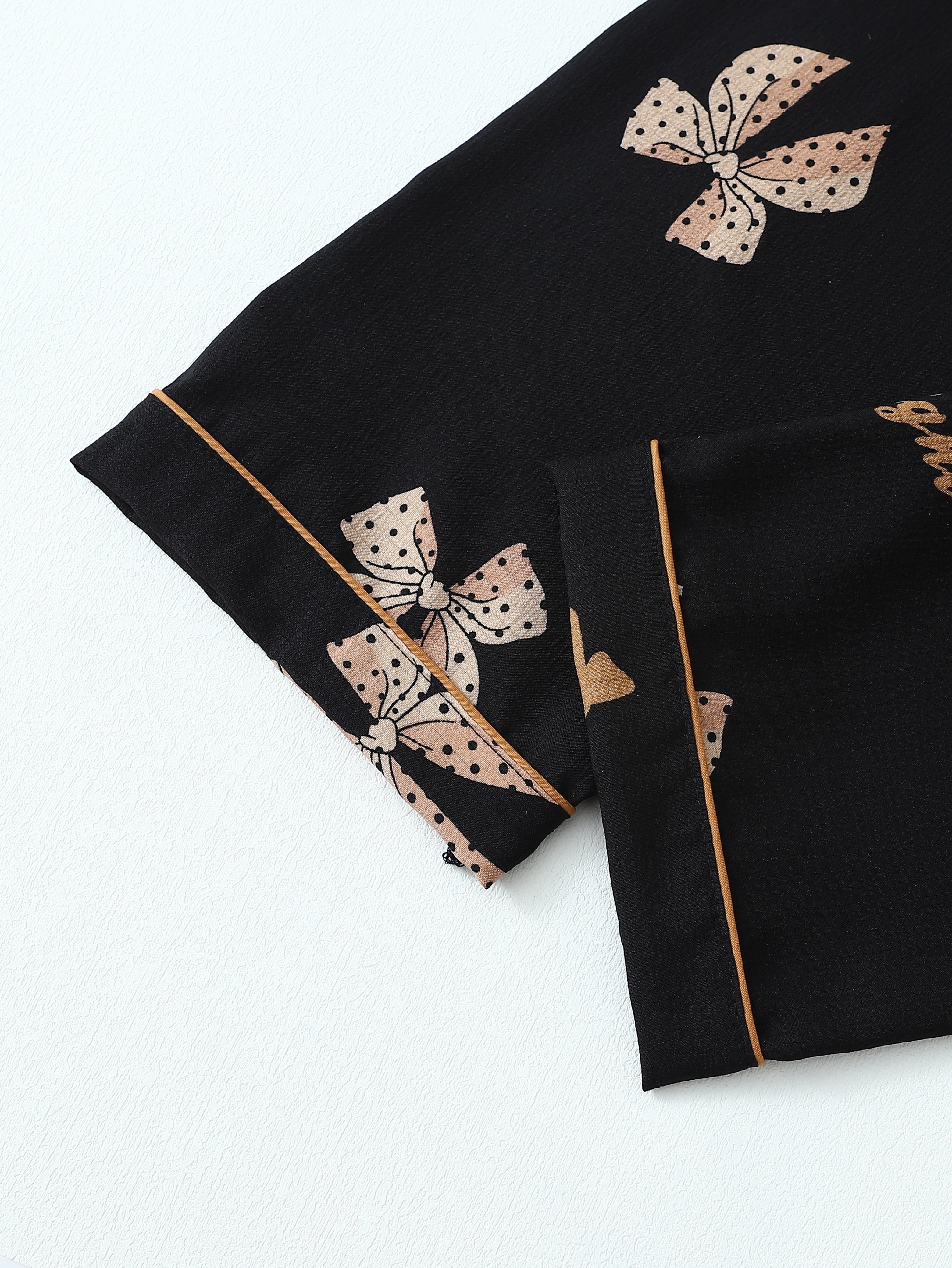 Teen Girl Pajama Set with Bow Print Soft Polyester Lounge Sleepwear