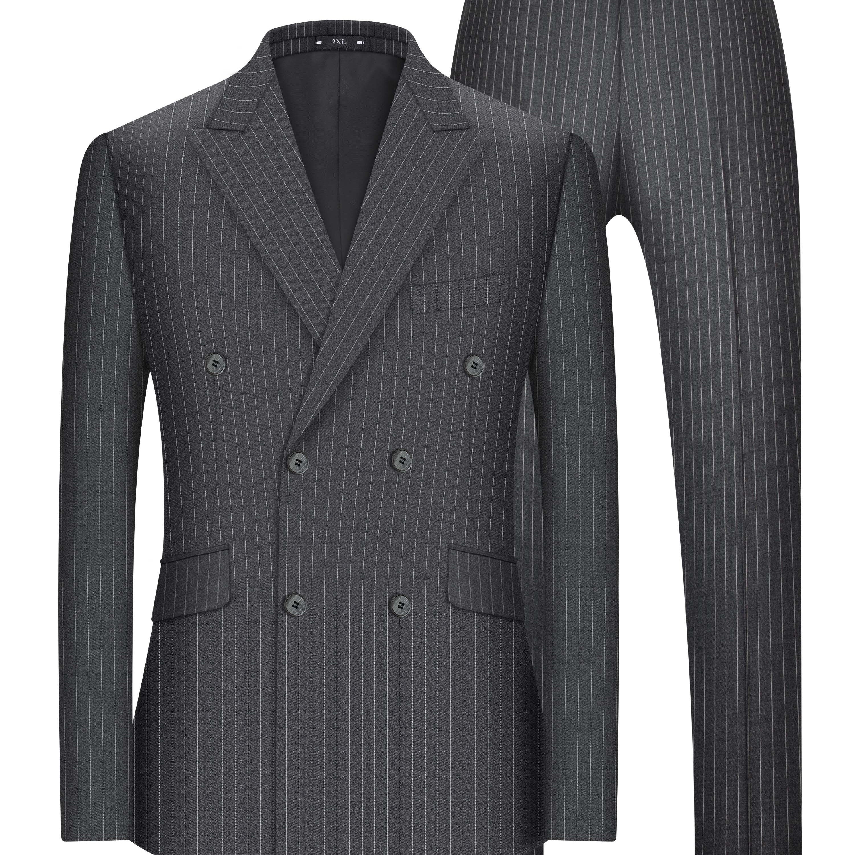 Plus Size Striped Double-Breasted Blazer and Pants Set in Gunmetal Gray for Business and Formal Wear