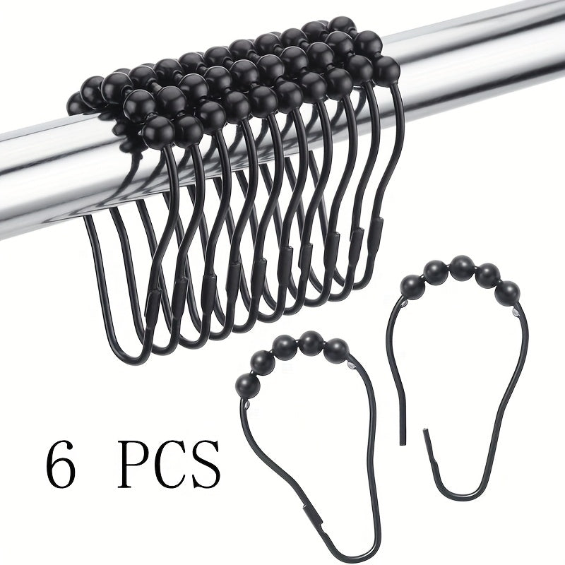 6 Pack Black Cast Iron Shower Curtain Hooks with Rolling Bead Design