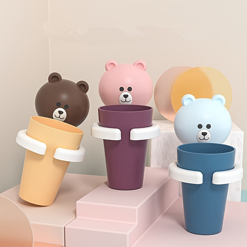 Wall-Mounted Bathroom Organizer with Cup No Drilling Space-Saving Bear Toothbrush Holder