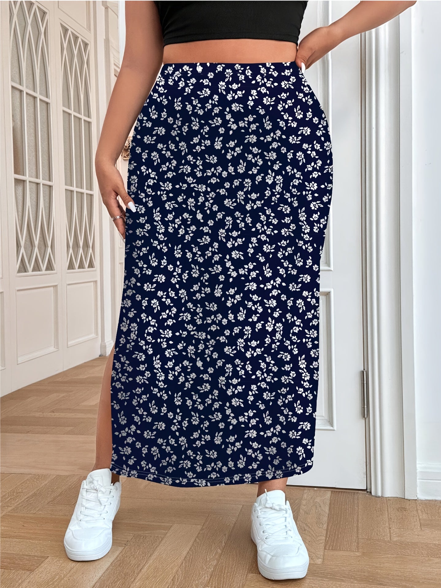 Women's Plus Size Elegant Floral A-Line Midi Skirt with High-Waisted Split Hem Navy Blue Ditsy Print