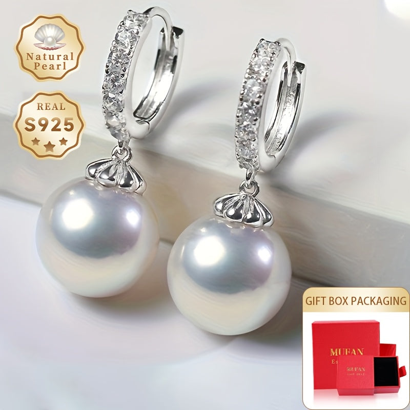 Women's Silver Dangling Earrings with Natural Freshwater Pearls 10-11mm