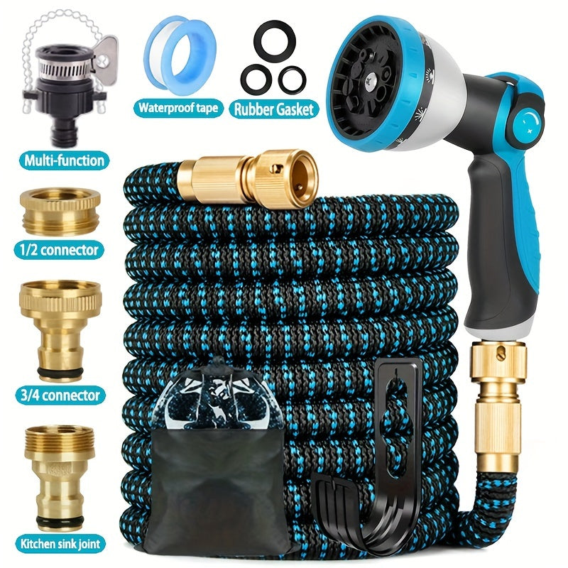 Expandable Garden Hose with 10 Nozzles Rubber Polyester All-Season Non-Tangle Portable for Patio