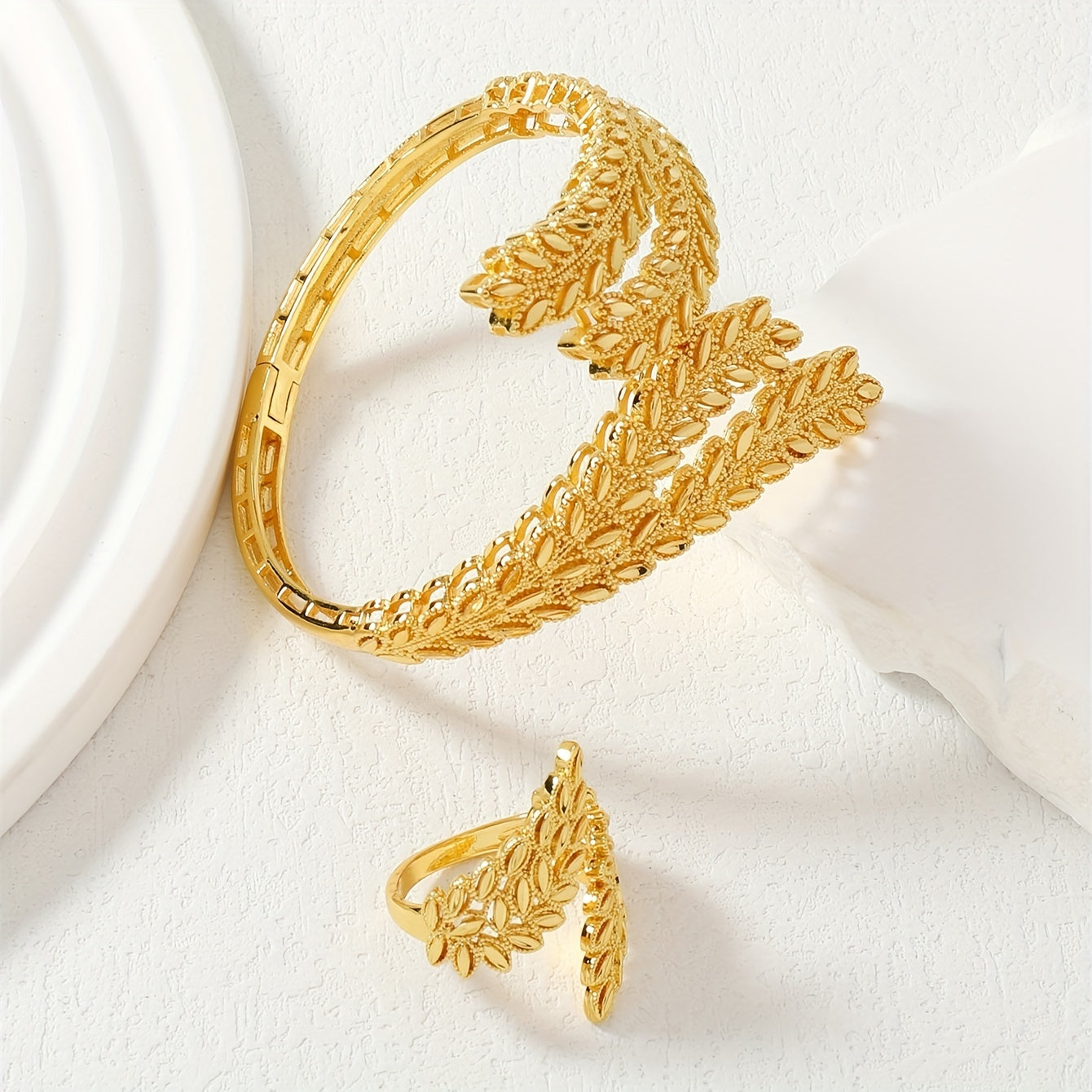 Gold Plated Vintage Jewelry Set with Wheat Design Bangle and Ring for Women