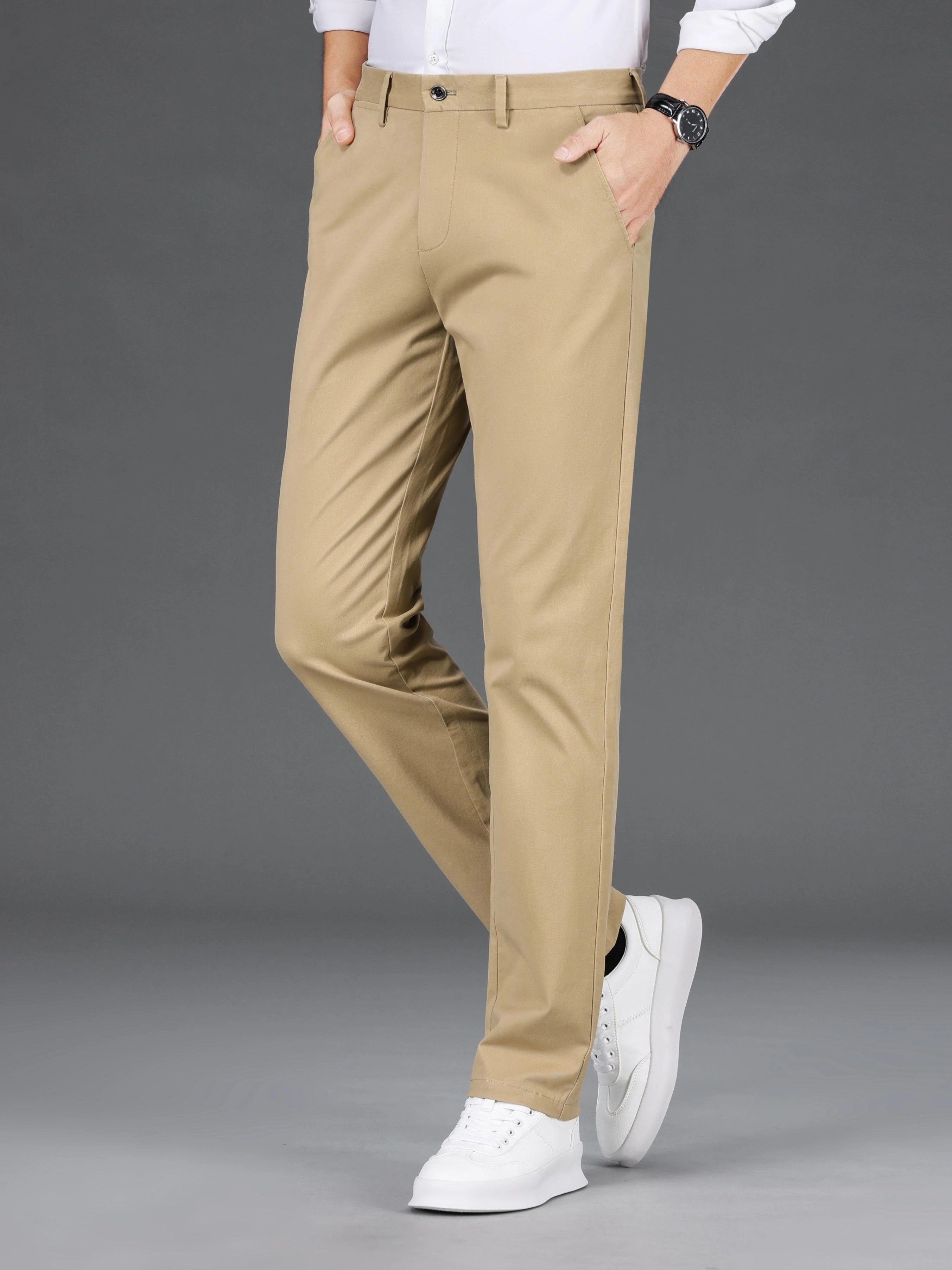 Pantalones de corte ajustado para hombre, mezcla de algodón, color sólido, microelástico, para negocios informales, de temporada completa