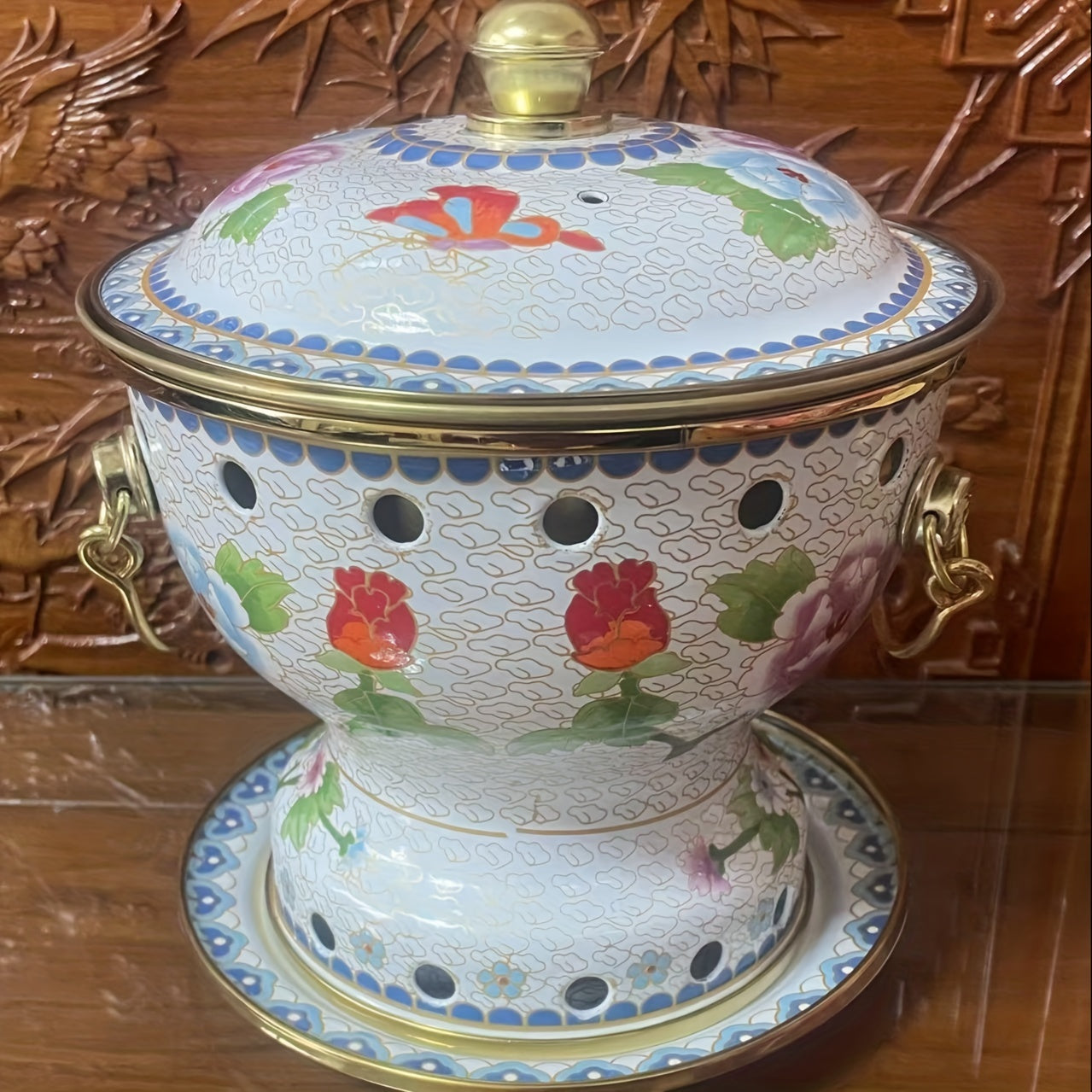 Yellow Floral Enamel Hot Pot with Brass Lining for Family or Individual Use