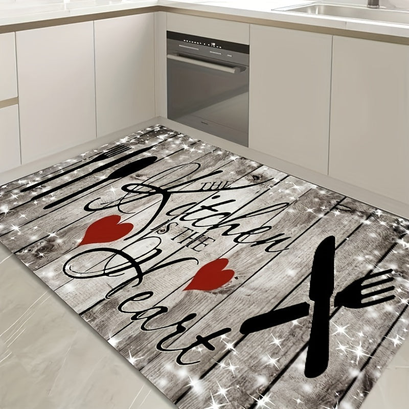 Wood Grain Kitchen Mat with Heart Knife and Fork Design Durable Polyester Non-Slip Washable