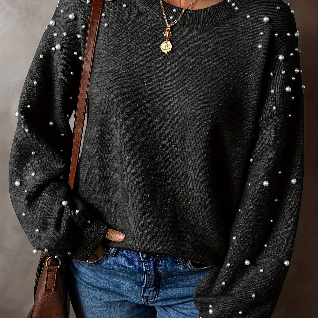 Suéter de punto para mujer talla plus, otoño e invierno, cuello redondo, decoración de perlas