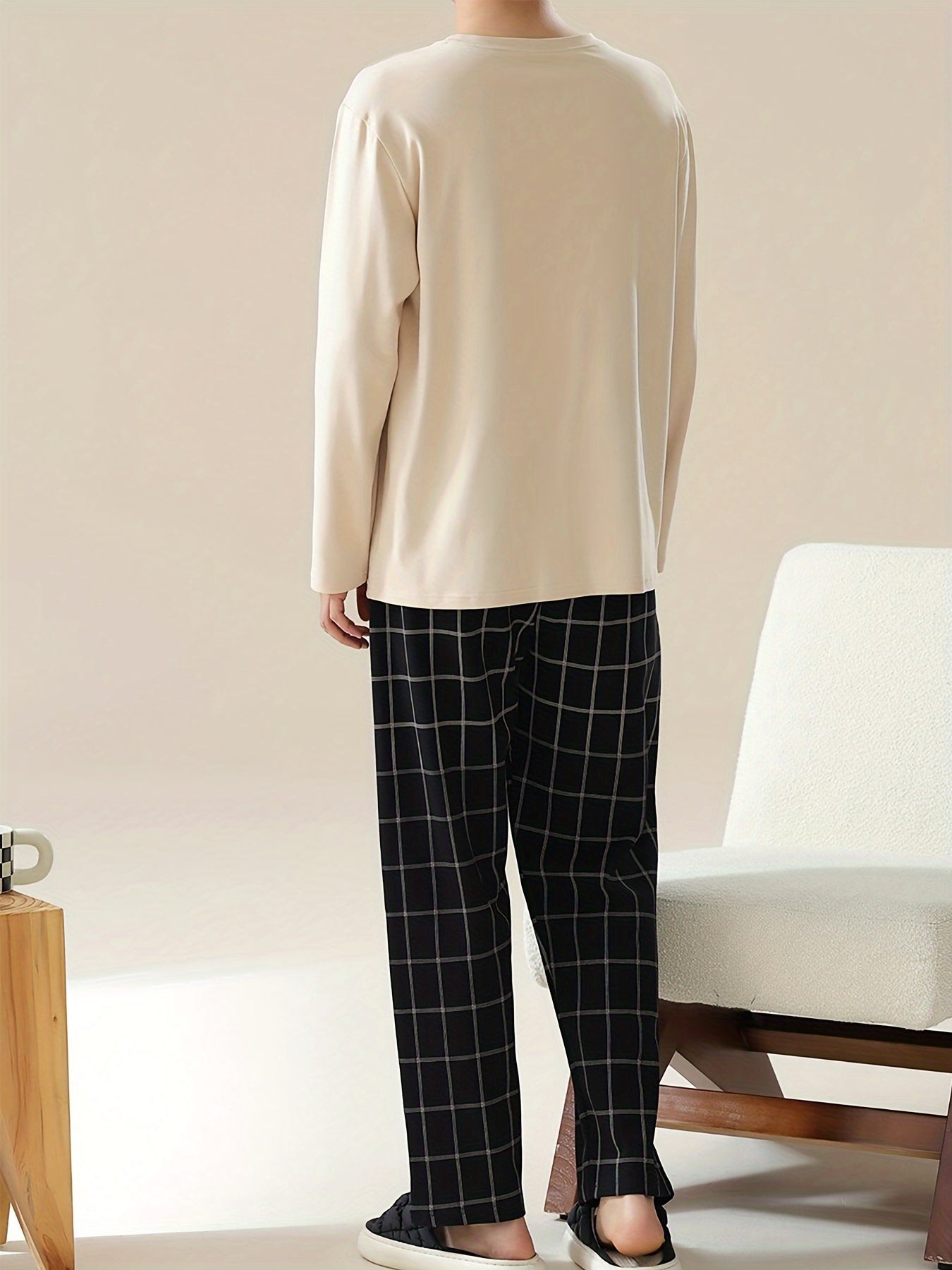 Men's Beige Long Sleeve Pajama Set with Pocket and Plaid Pants for All Seasons
