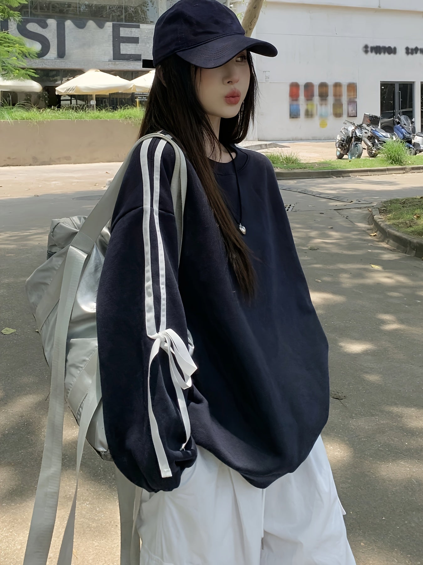 Women's Black Crew Neck Sweatshirt with White Bow Detail Polyester Casual All Seasons