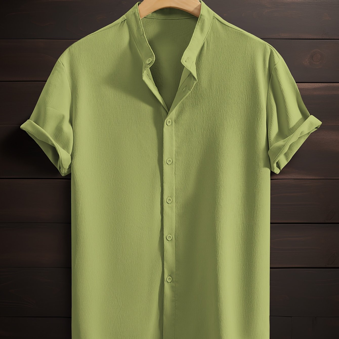 Men's Green Short-Sleeve Woven Cotton Casual Shirt for Summer