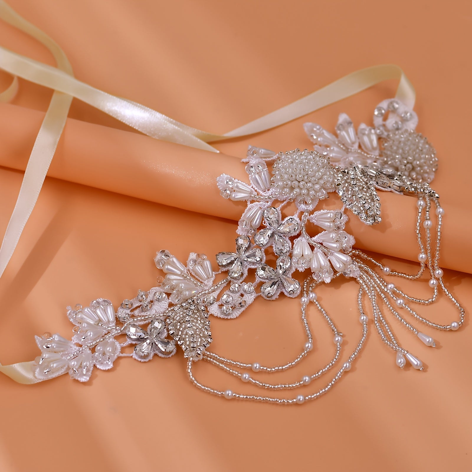 Bridal Satin Ribbon Belt with Rhinestone Waistband and Tassel Beads