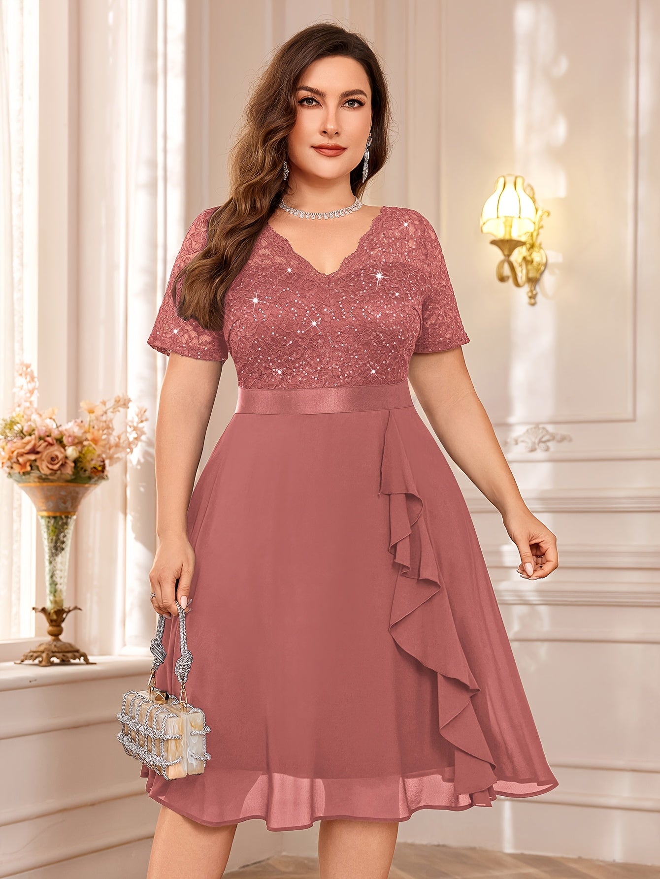 Women's Sequin Lace Chiffon V-Neck Cocktail Party Dress