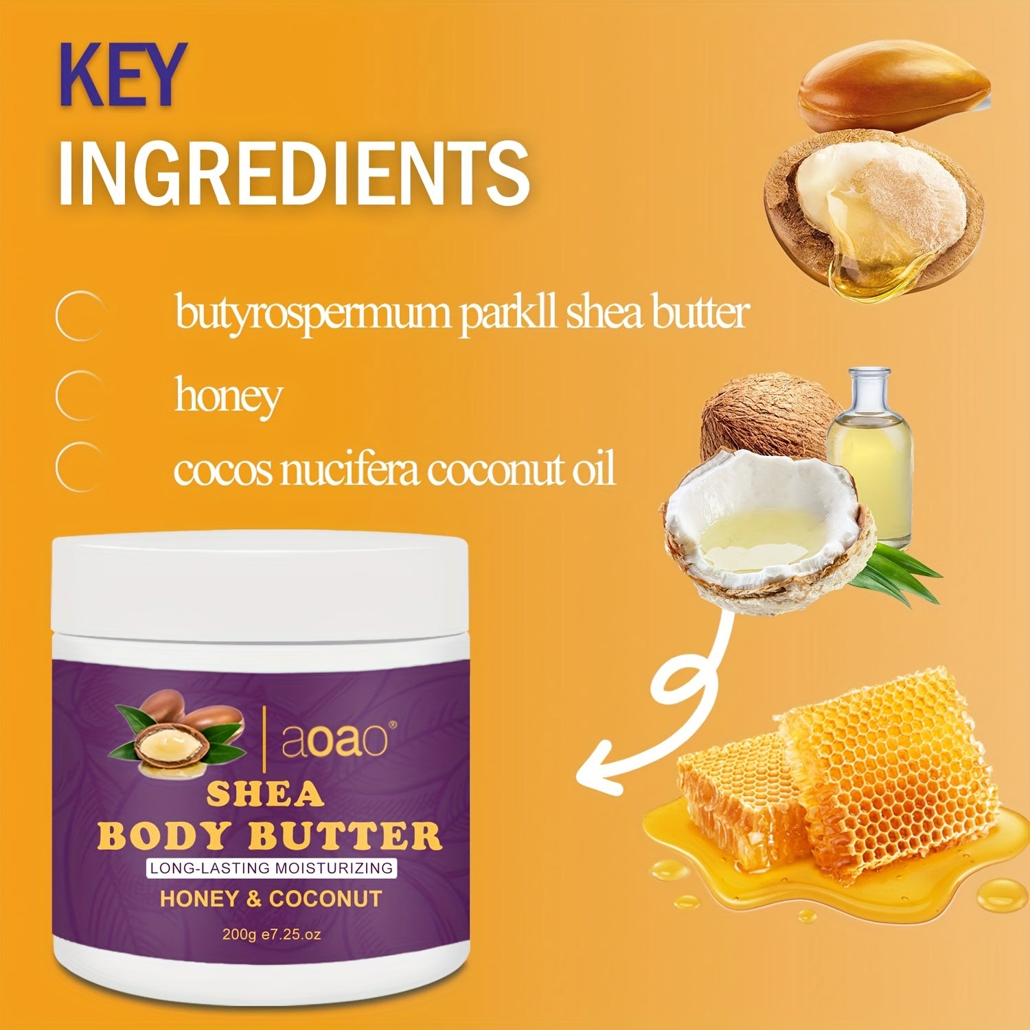Aoao Shea Body Butter kokos yog'i va E vitamini bilan - Gipoallergen, barcha teri turlari uchun namlovchi krem, silliq va porloq teri uchun tabiiy ingredientlar