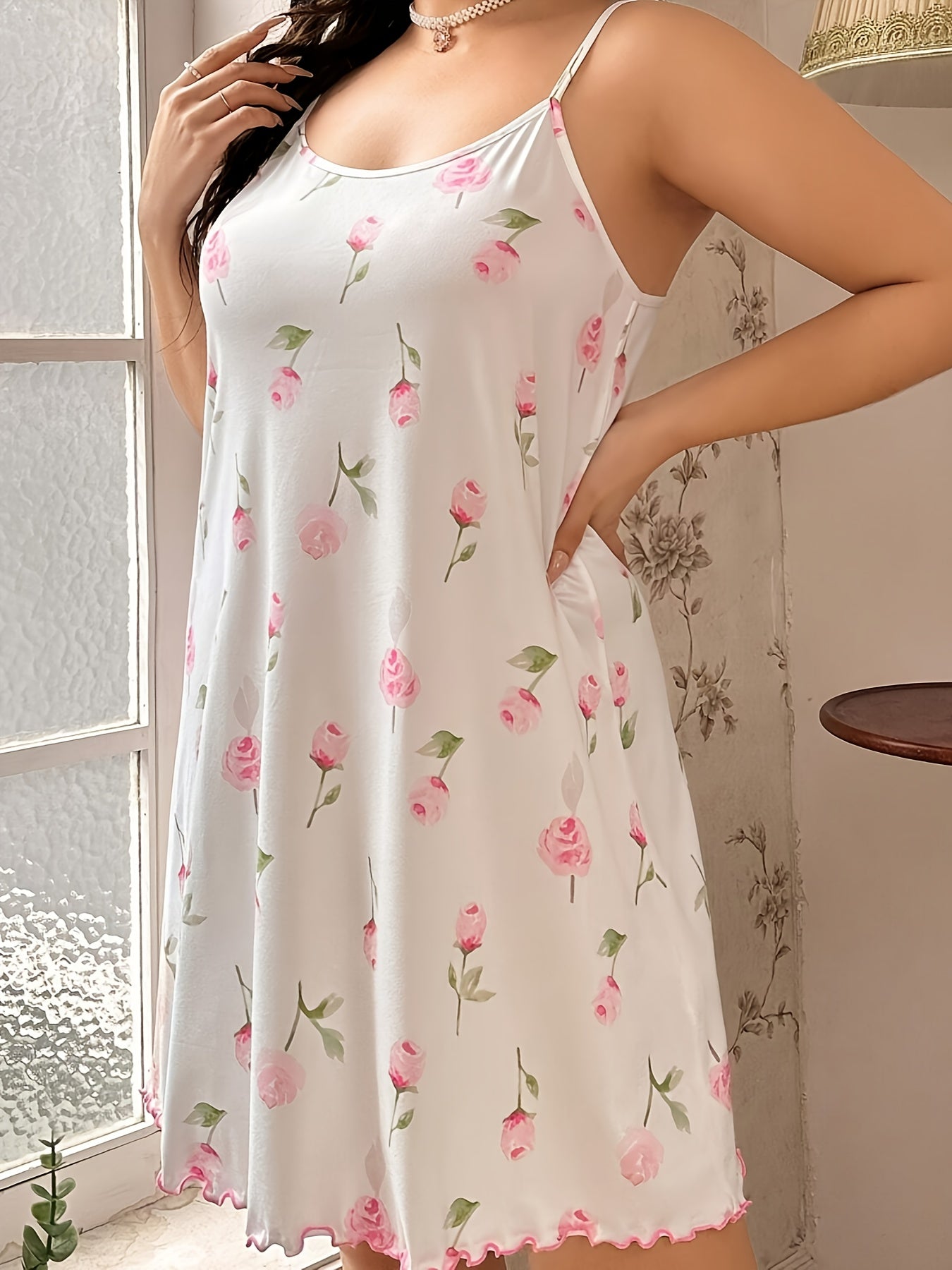 Plus Size Floral Nightdress Soft Polyester Elastane Pink Green Lettuce Edge