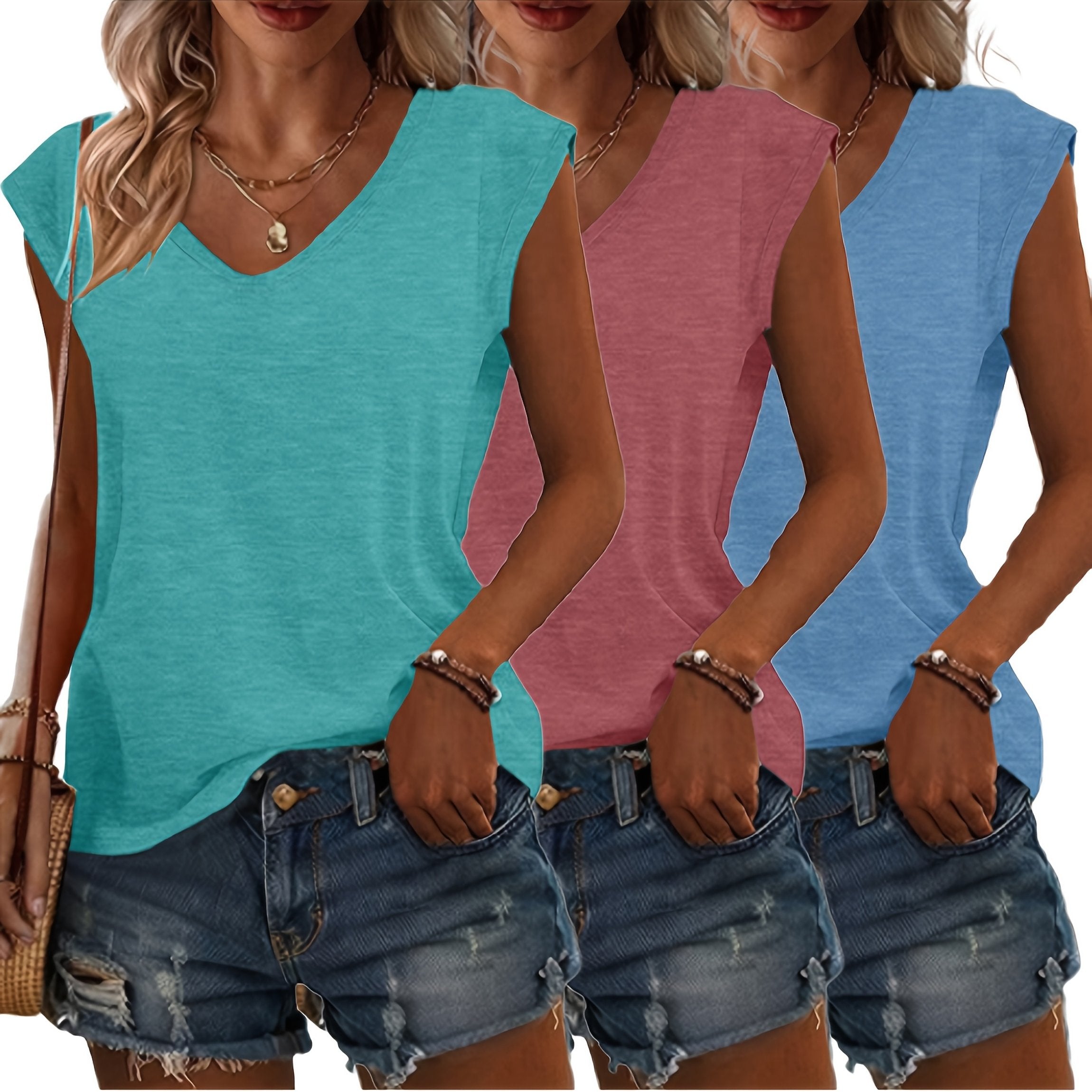 Women's Casual Solid Color V-Neck T-Shirts, Short Sleeve, Loose Fit, 3 Pack