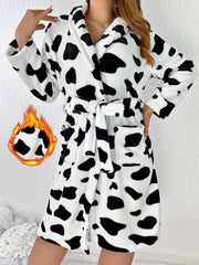 Adult Cow Print Plush Robe with Lapel Collar for Fall and Winter Lounge