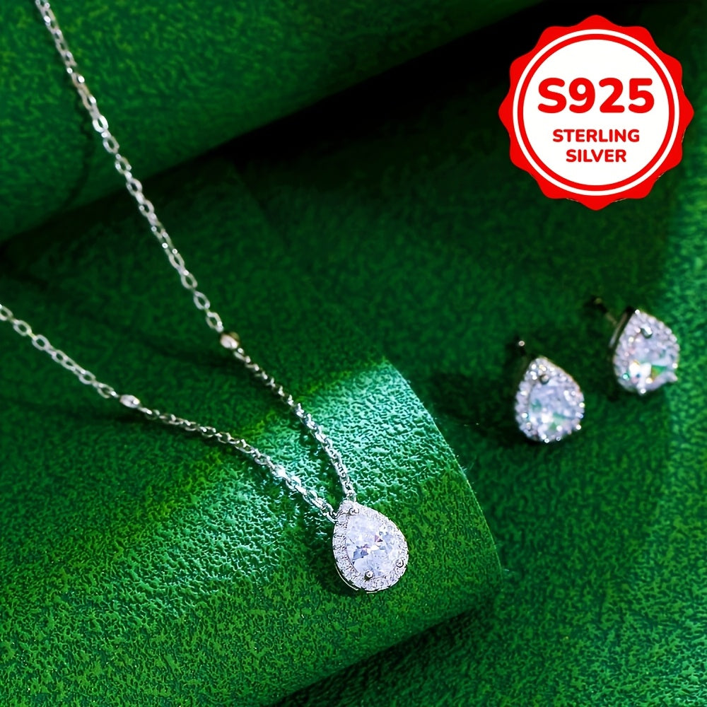 Sterling Silver Water Drop Cubic Zirconia Necklace and Stud Earrings Set for Women
