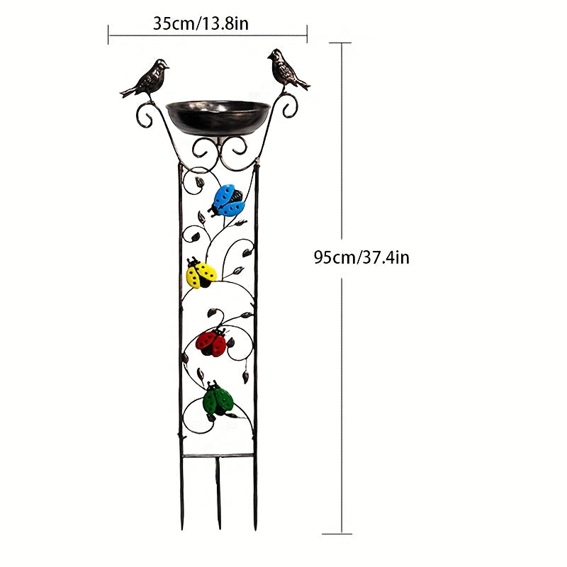 Antique Iron Outdoor Bird Bath and Garden Trellis with Detachable Climbing Plant Support