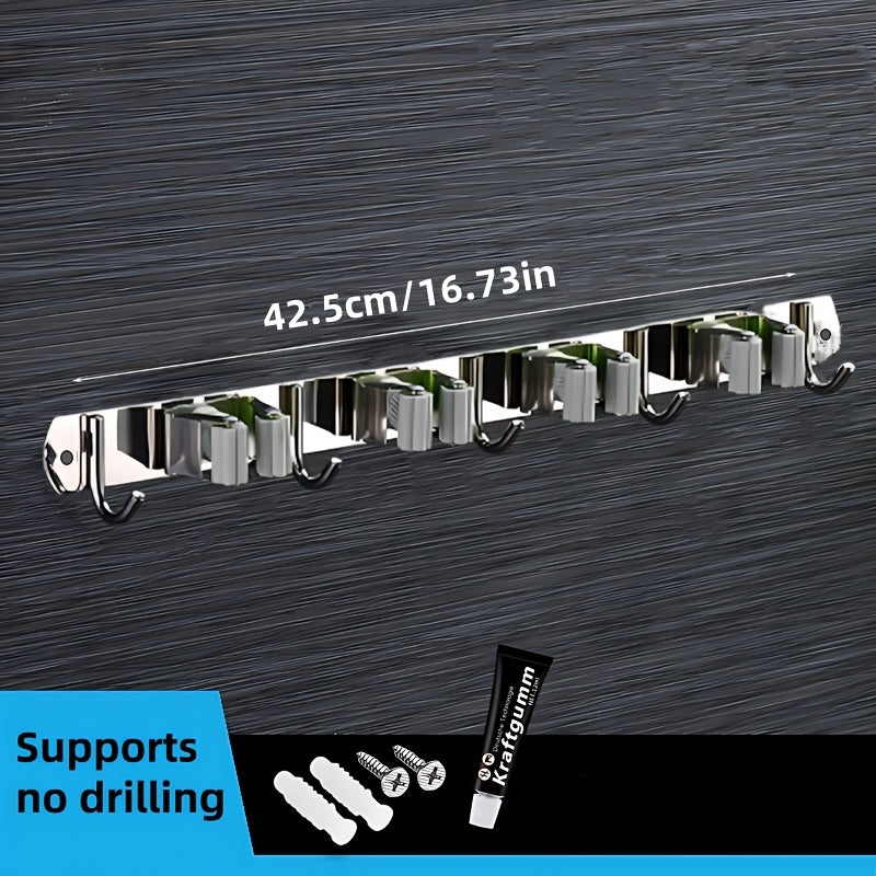 Wall-Mounted Mop and Broom Rack with 5 Clips 4 Hooks Stainless Steel